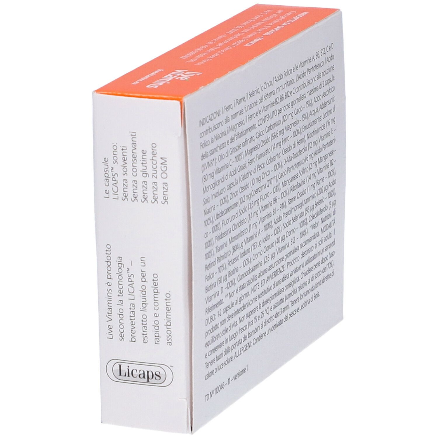 Vista laterale della scatola. Testo: ingredienti, avvertenze. Logo "live vitamins". Coperchio arancione. Testo bianco su arancione.