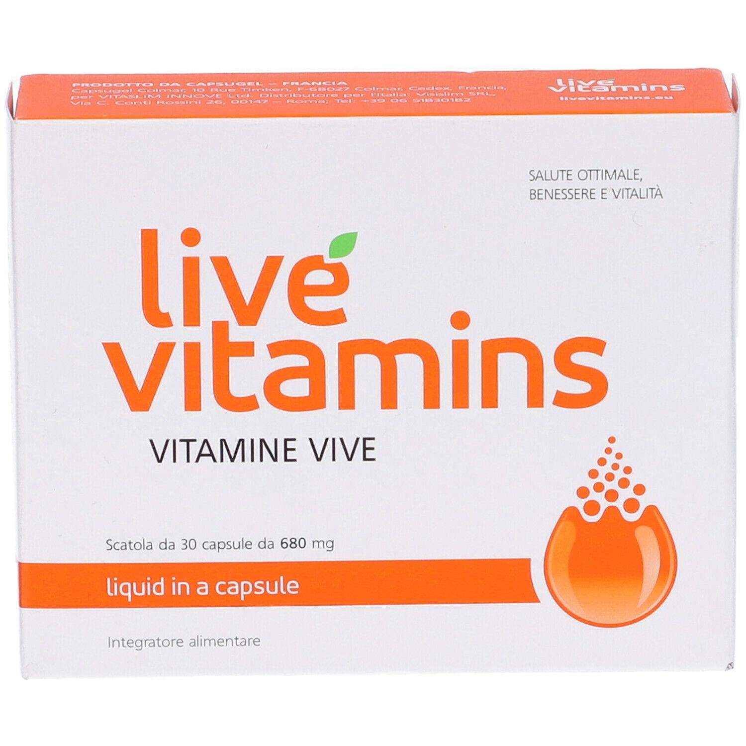Scatola bianca con coperchio arancione. Logo "live vitamins". Testo: "Vitamine Vive", "liquid in a capsule". Simbolo goccia. "30 capsule".