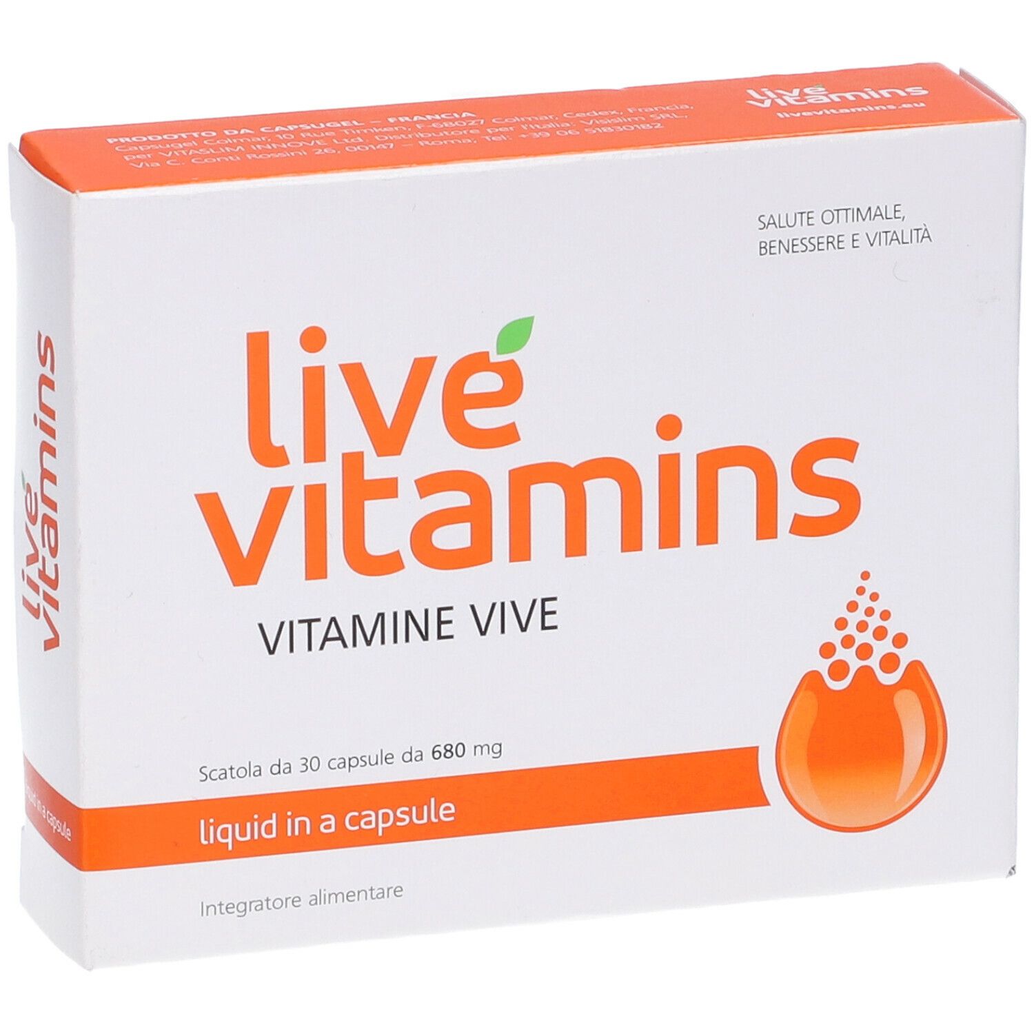 Scatola bianca con coperchio arancione. Logo "live vitamins". Testo: "Vitamine Vive", "liquid in a capsule". Simbolo goccia. "30 capsule".