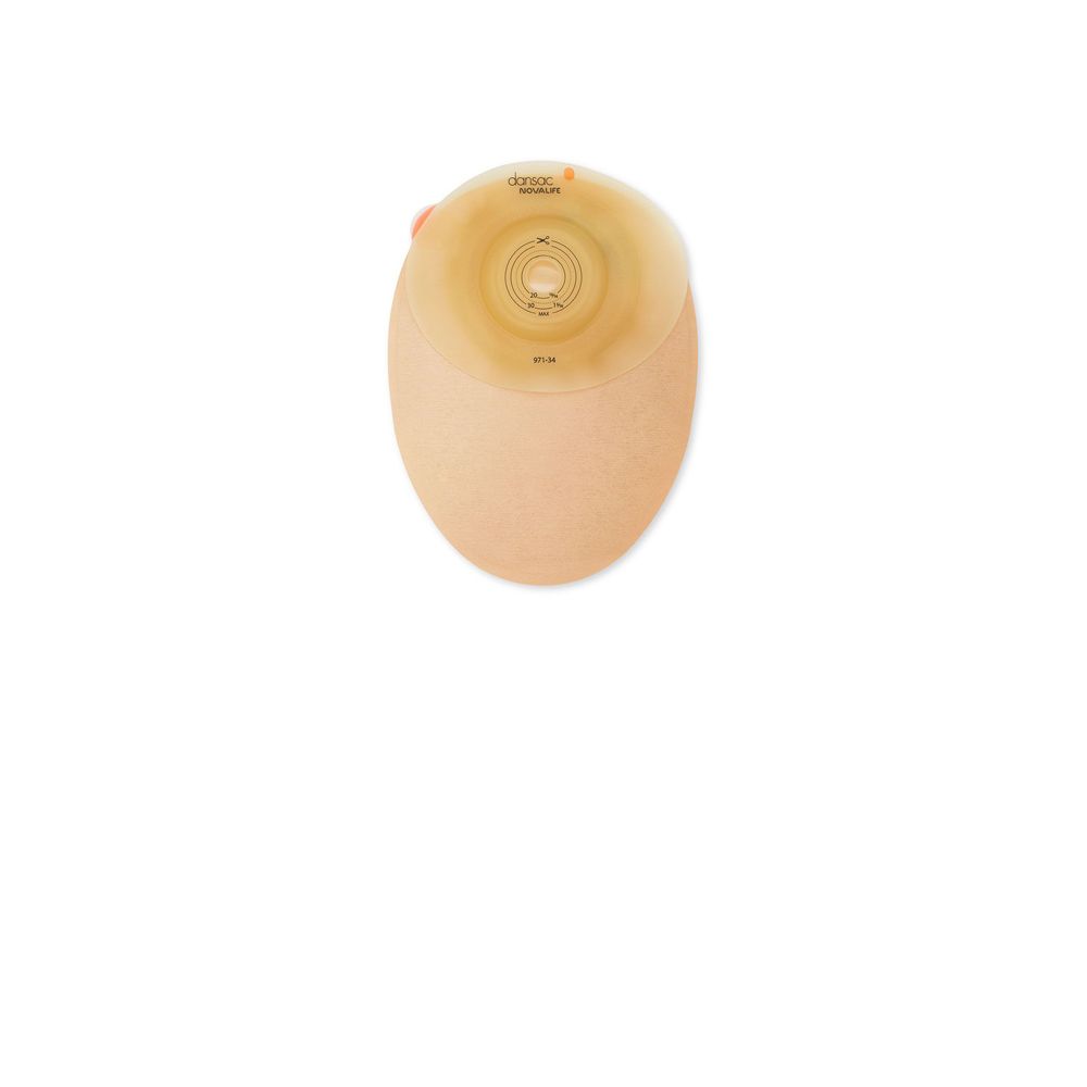 Sacca per colostomia beige e trasparente. Con chiusura. Marchio Dansac.