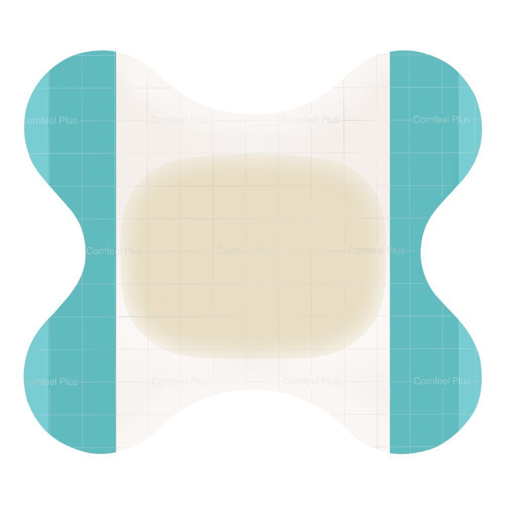 Medicazione. Centro rettangolare beige, lati blu. Marchio: Comfeel Plus Contour.