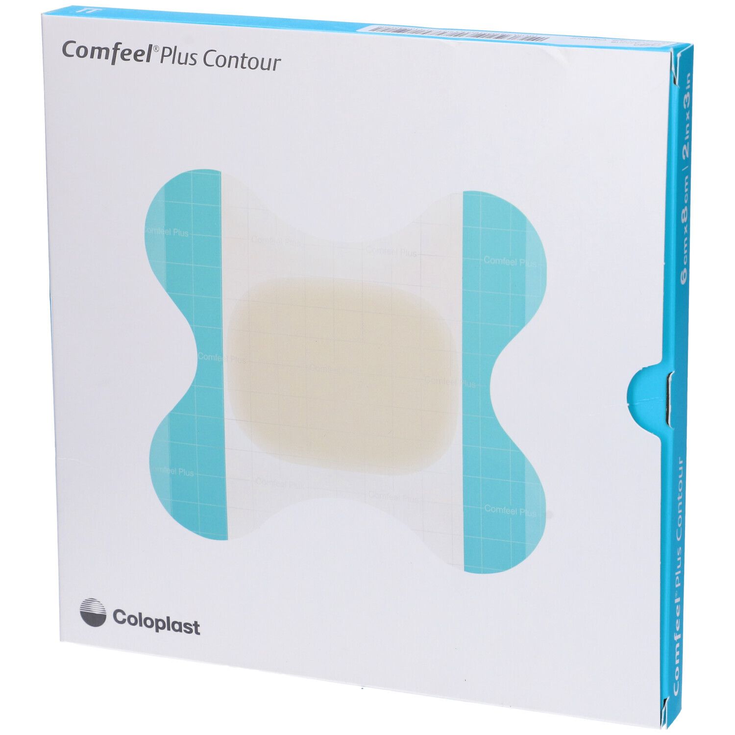 Confezione di Comfeel Plus Contour. Scatola quadrata con immagine del prodotto. Marchio: Coloplast.