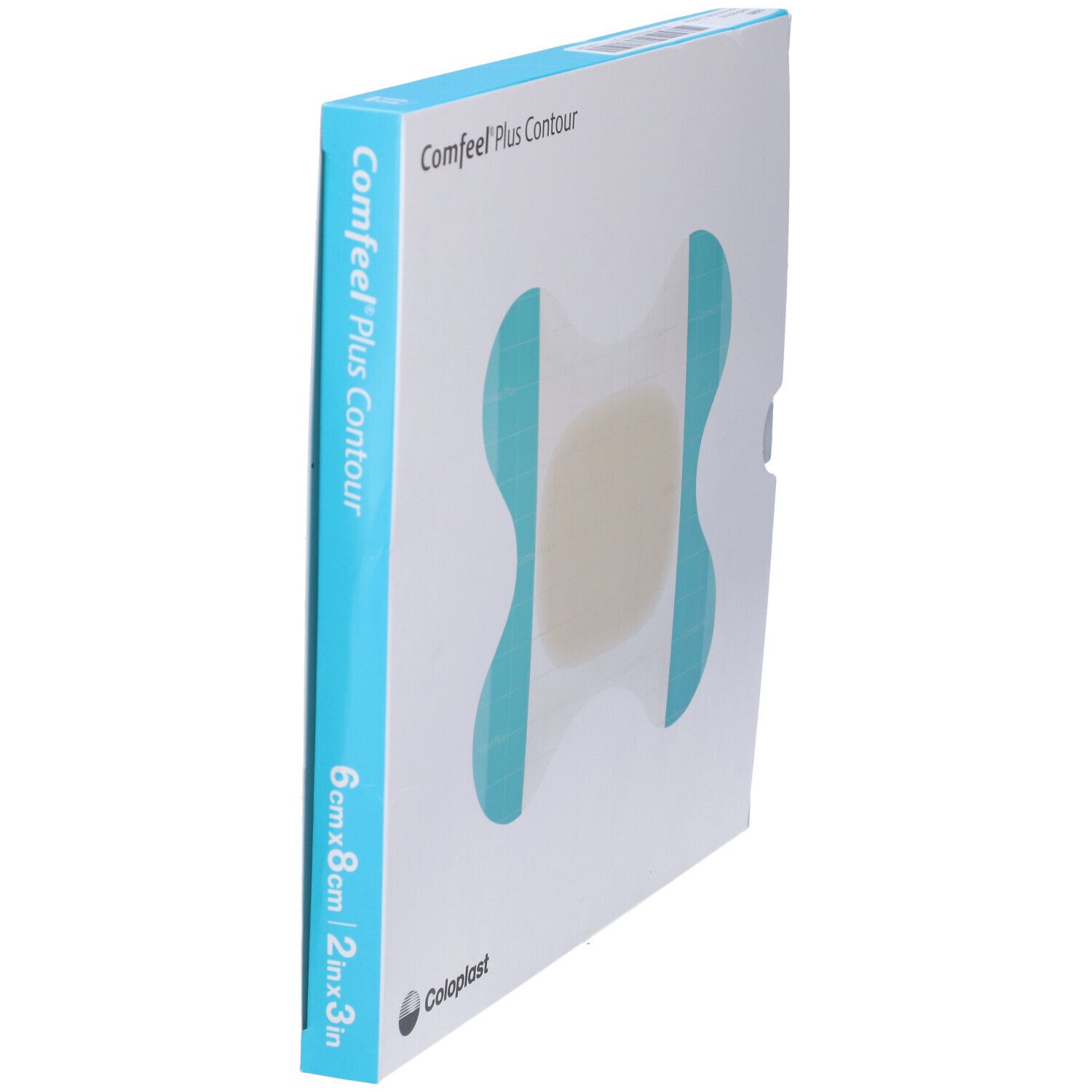 Confezione di Comfeel Plus Contour. Lato blu con informazioni sul prodotto. Dimensione: 6cmx8cm.