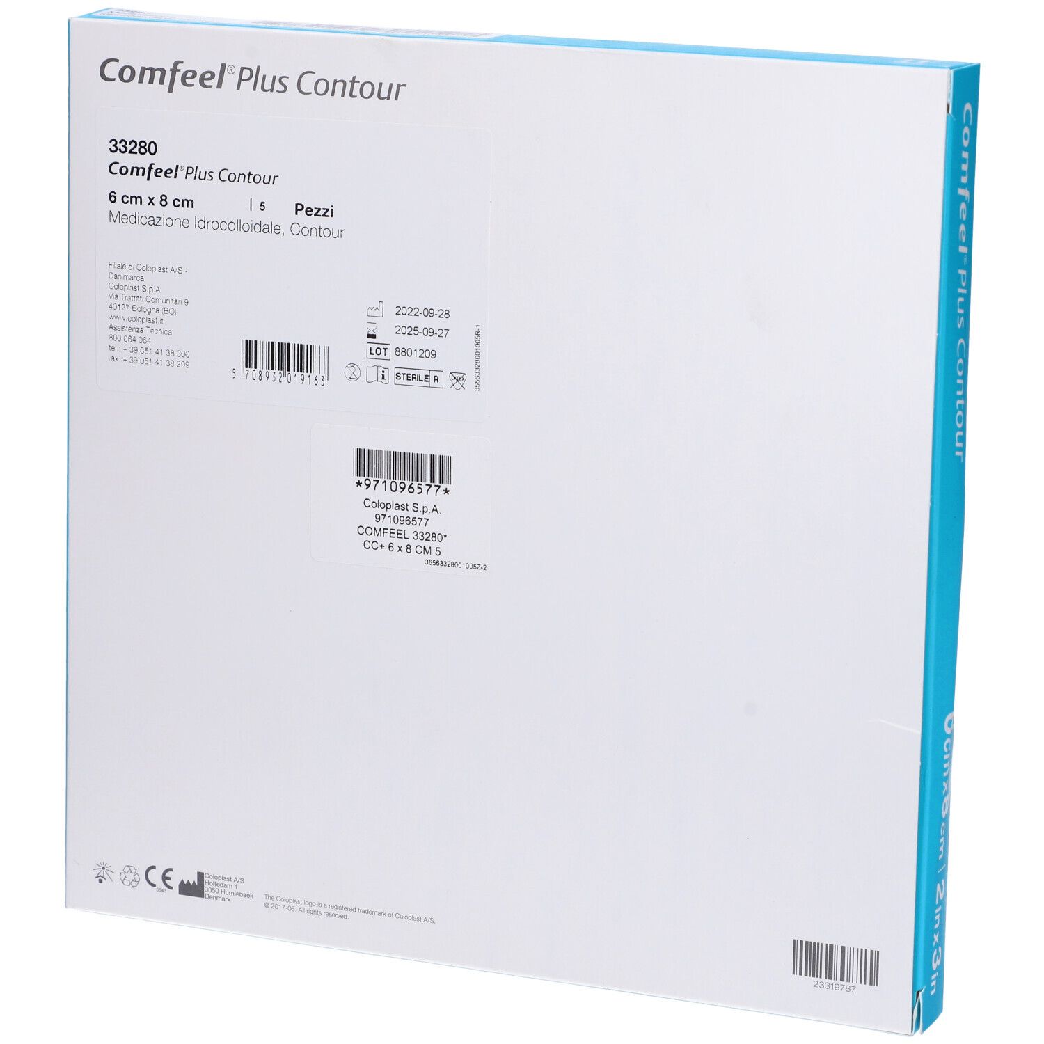 Retro della confezione di Comfeel Plus Contour. Informazioni sul prodotto, codice a barre, certificazioni.