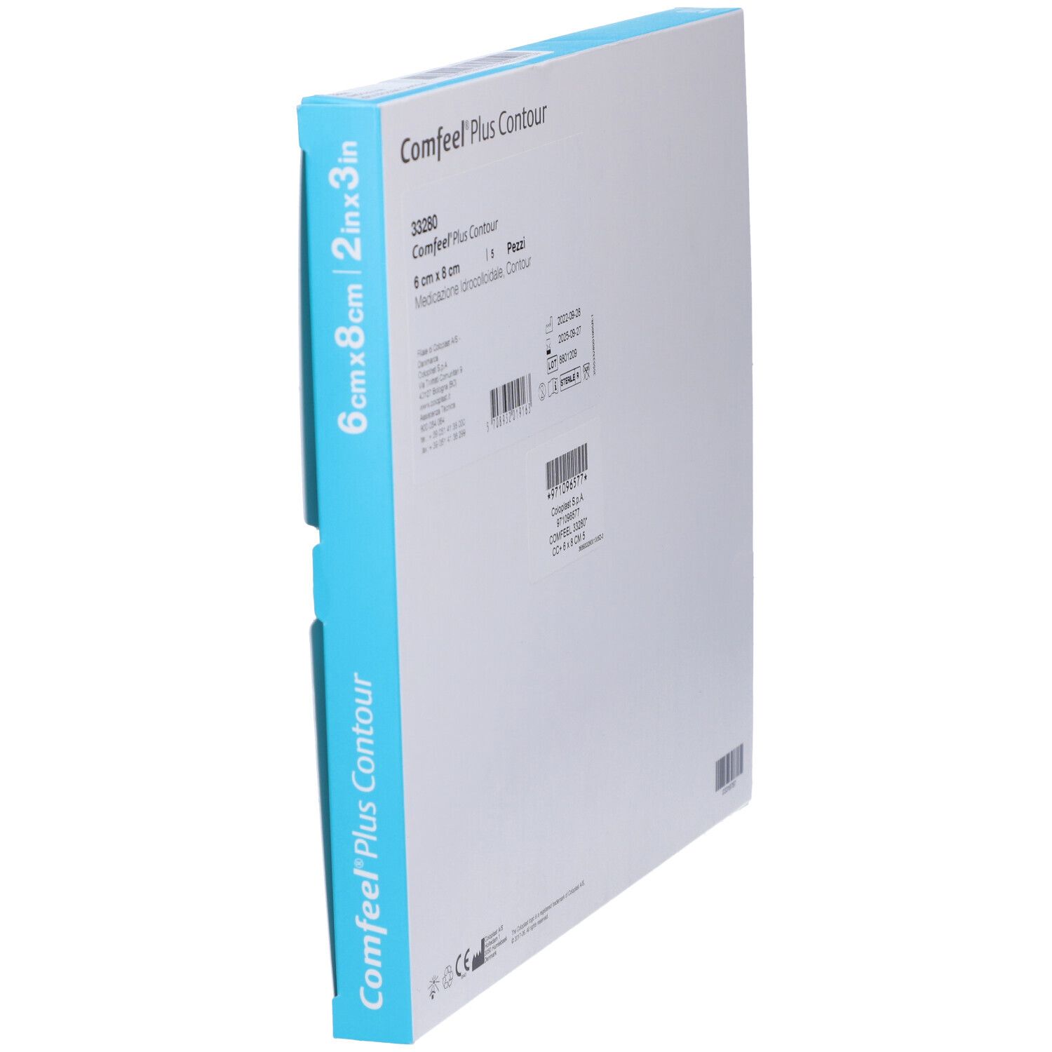 Confezione di Comfeel Plus Contour. Lato blu con informazioni sul prodotto. Dimensione: 6cmx8cm.