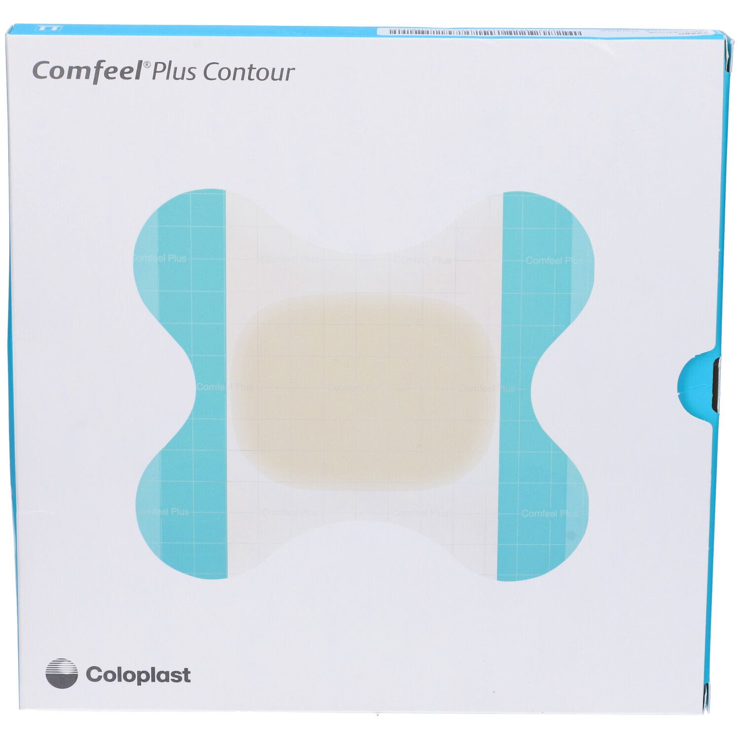 Confezione di Comfeel Plus Contour. Scatola quadrata con immagine del prodotto. Marchio: Coloplast.