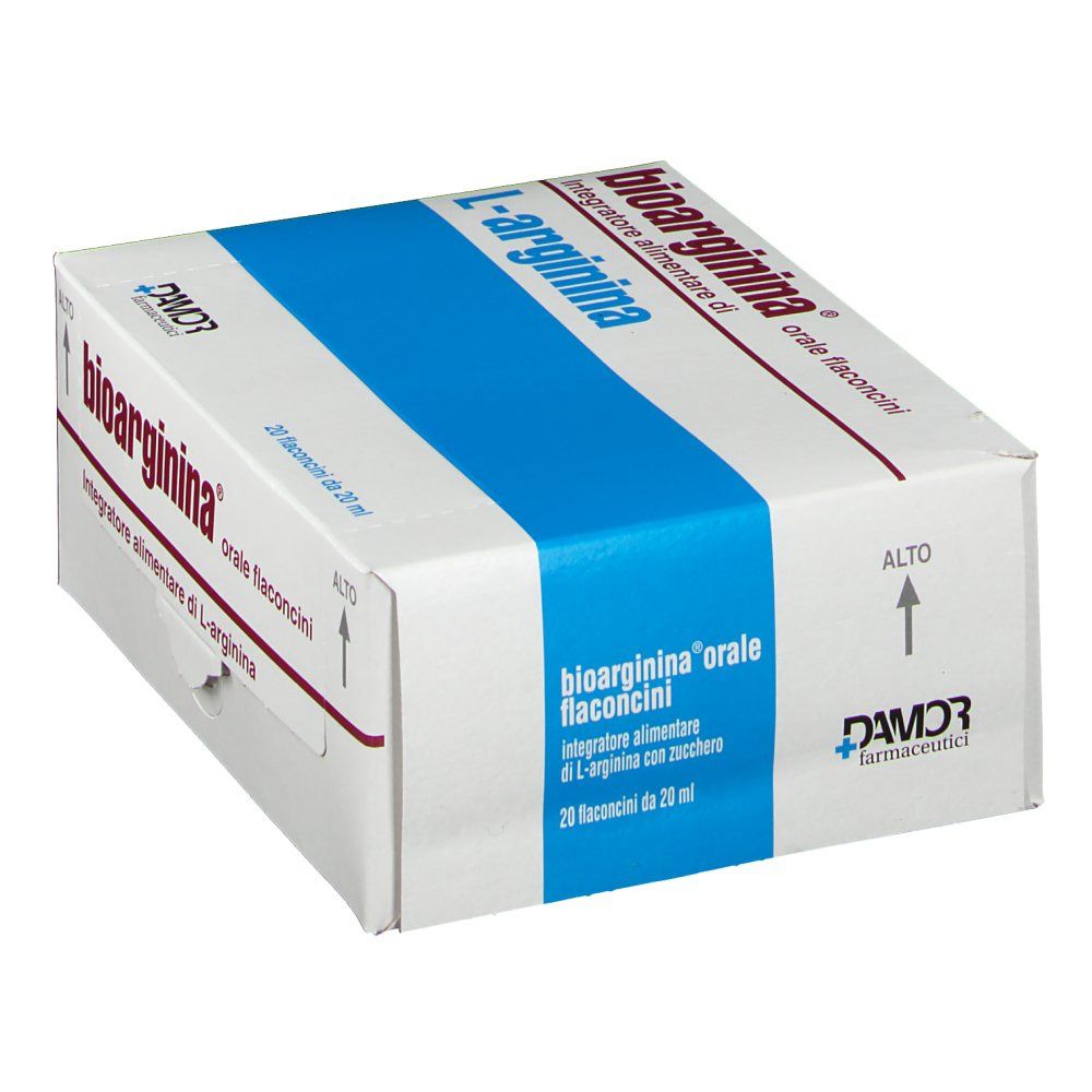 Scatola "bioarginina" con testo "Integratore alimentare di L-arginina". Confezione blu e bianca. Contiene 20 flaconcini.