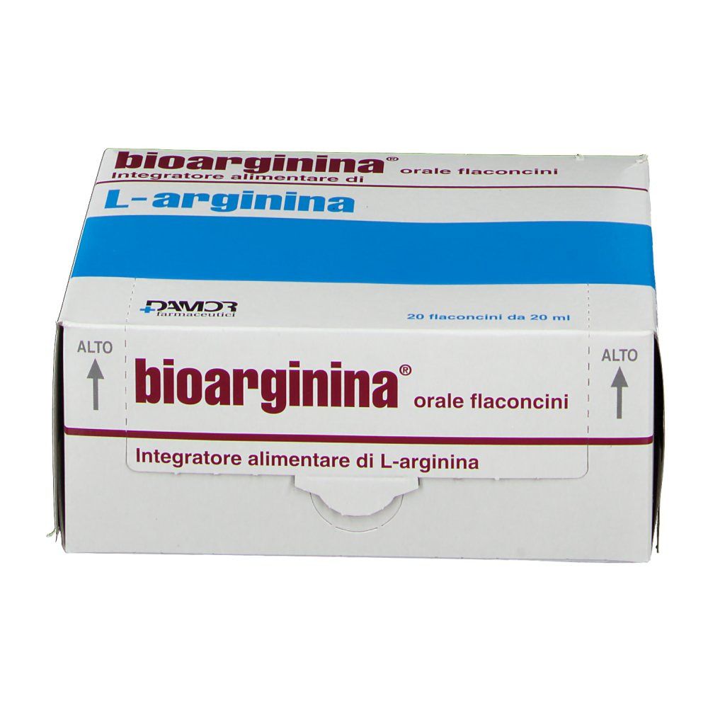 Vista frontale della confezione "bioarginina". Testo: "Integratore alimentare di L-arginina". Contiene 20 flaconcini.