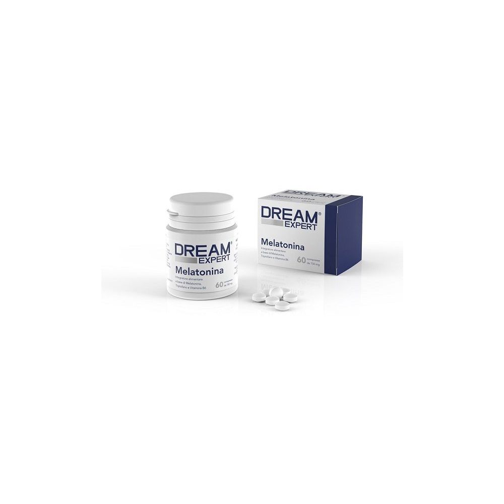 Compresse bianche, flacone e scatola con Dream Expert Melatonina. 60 compresse.