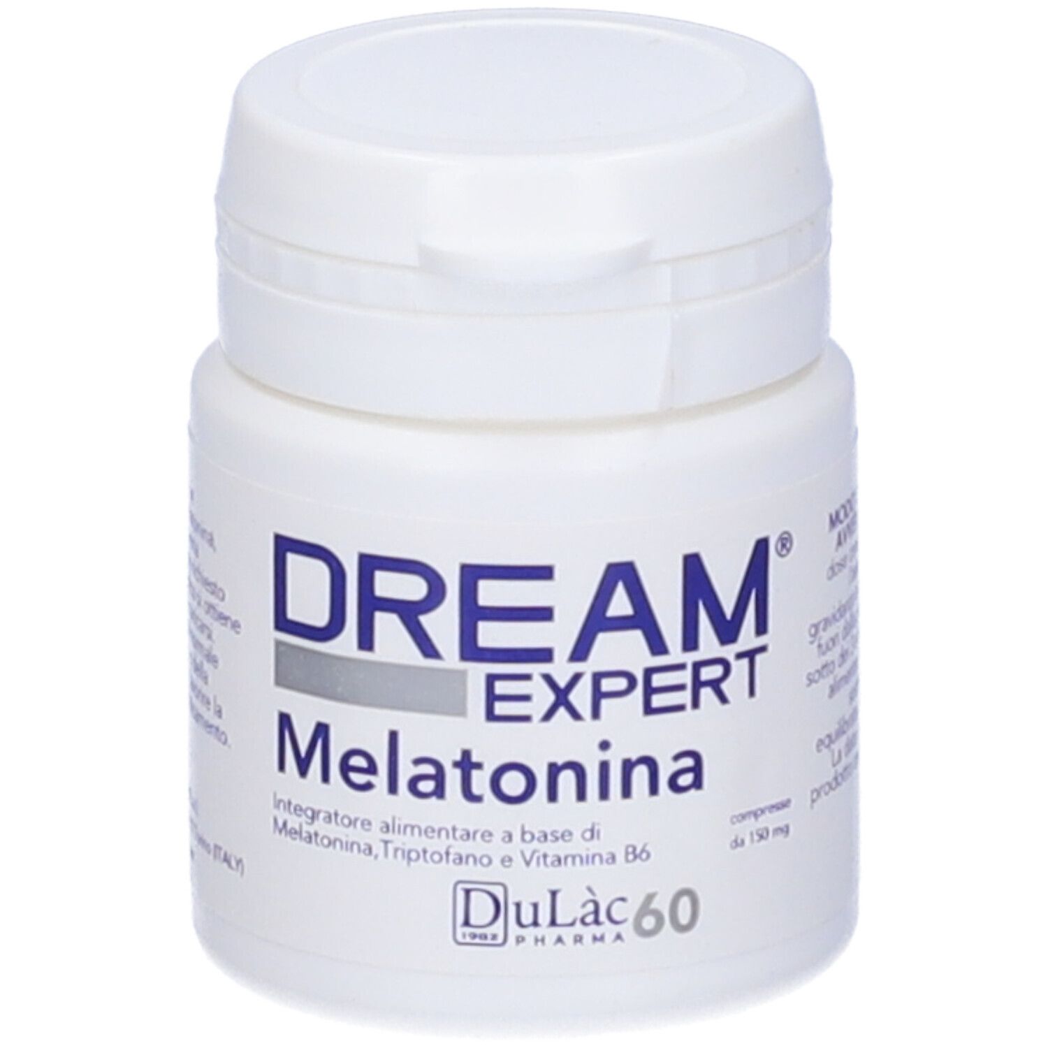 Flacone bianco con Dream Expert Melatonina. Scritta: Melatonina, Triptofano e Vitamina B6. 60 compresse.