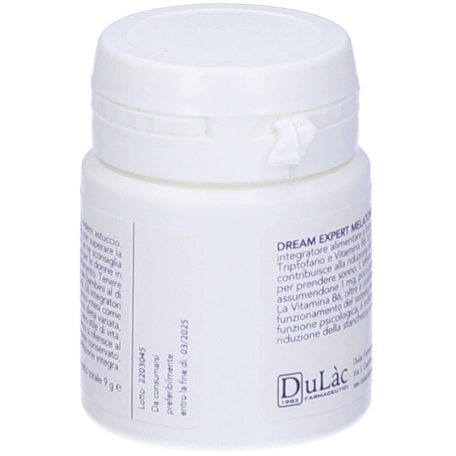 Flacone bianco con Dream Expert Melatonina. Scritta: Melatonina, Triptofano e Vitamina B6. 60 compresse.