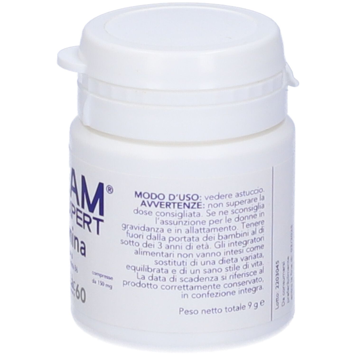 Flacone bianco con Dream Expert Melatonina. Scritta: Melatonina, Triptofano e Vitamina B6. 60 compresse.