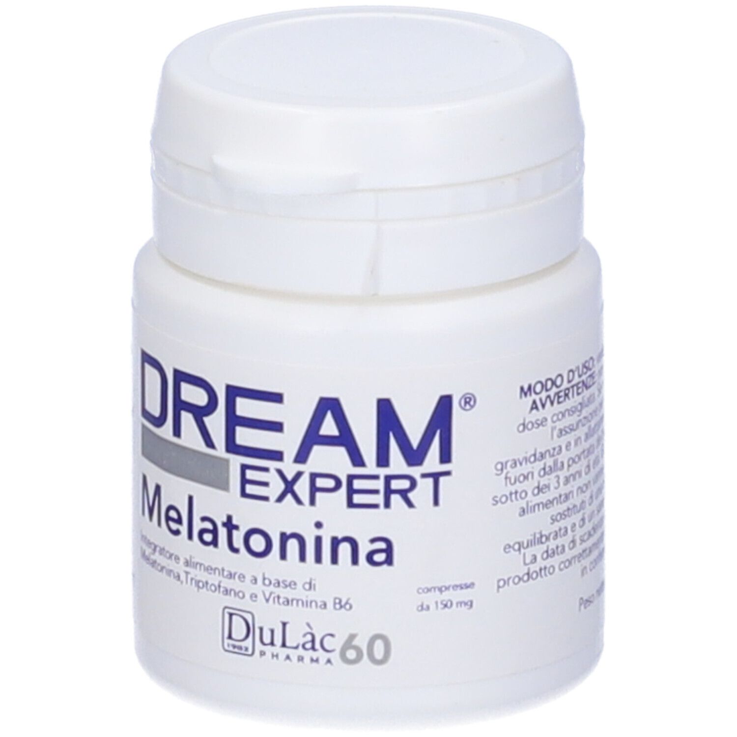 Flacone bianco con Dream Expert Melatonina. Scritta: Melatonina, Triptofano e Vitamina B6. 60 compresse.