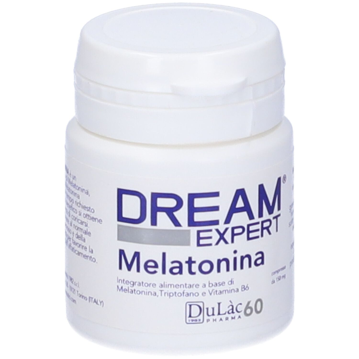 Flacone bianco con Dream Expert Melatonina. Scritta: Melatonina, Triptofano e Vitamina B6. 60 compresse.