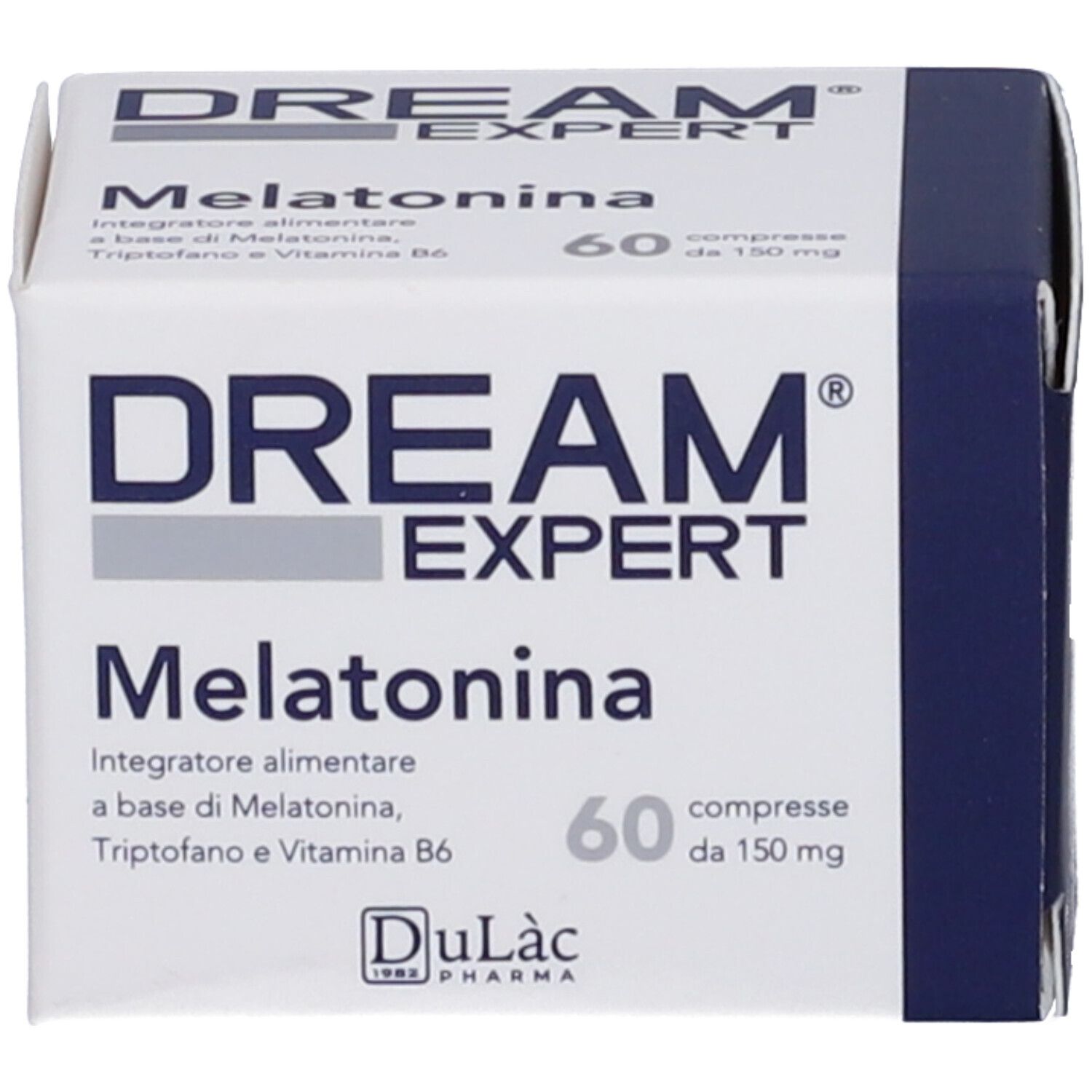 Scatola Dream Expert Melatonina. Scritta: Melatonina, Triptofano e Vitamina B6. 60 compresse.