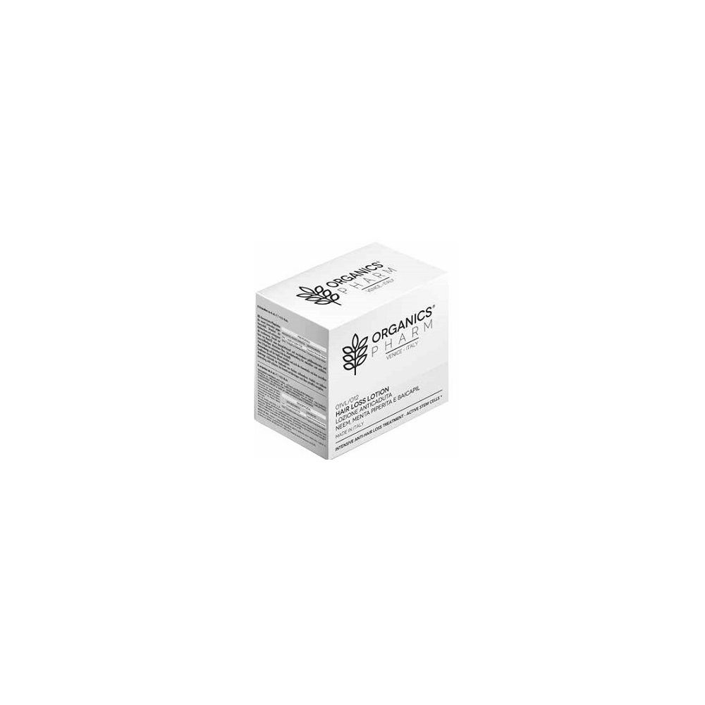 Scatola bianca con informazioni sul prodotto. Logo Organics Pharm. Testo: Hair Loss Lotion.