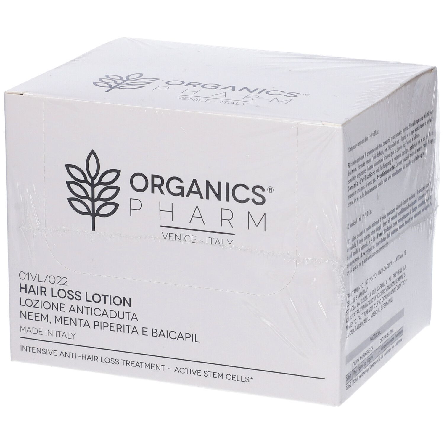 Scatola bianca, logo Organics Pharm. Testo: Hair Loss Lotion, Neem, Menta, Baicapil. Made in Italy.
