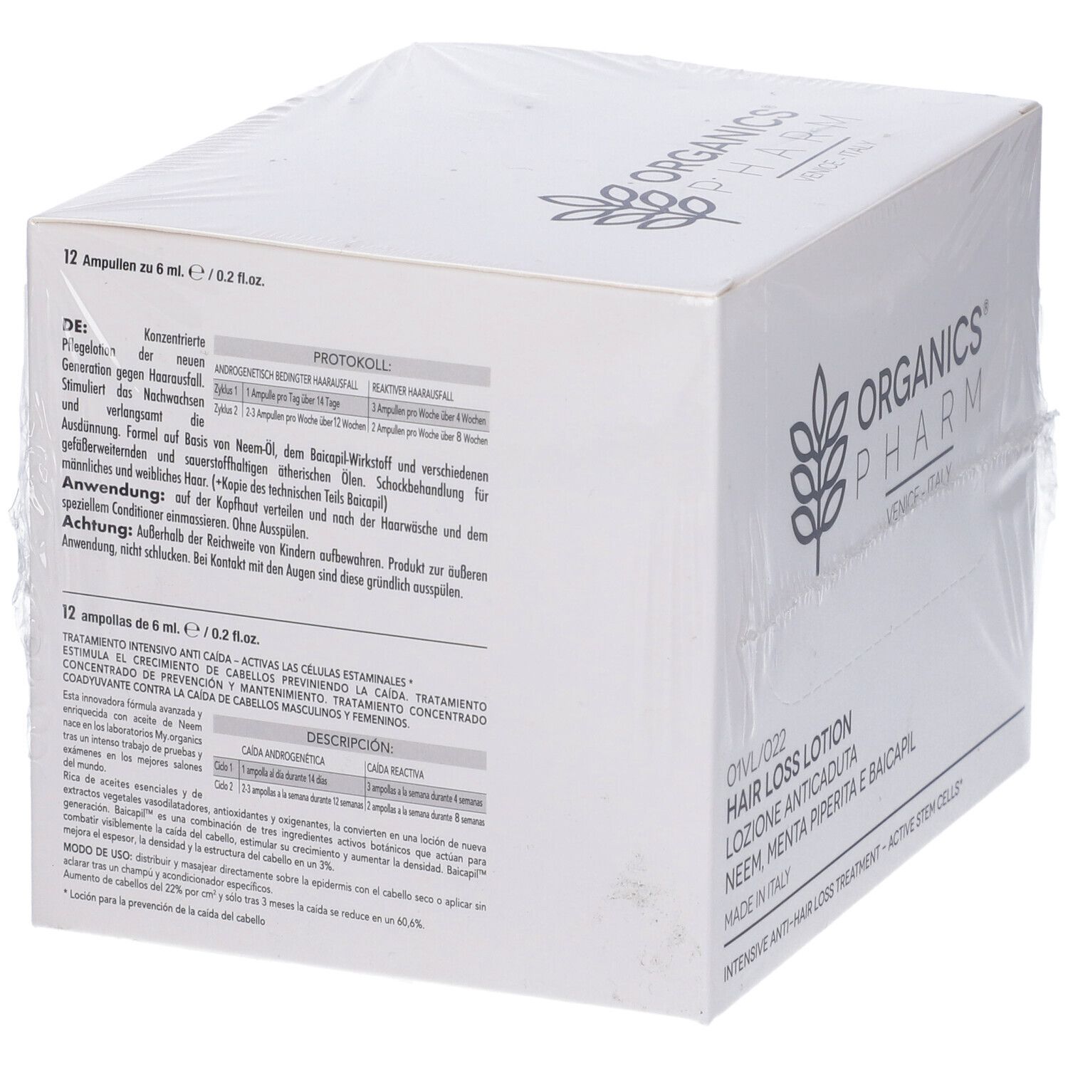 Scatola bianca, logo Organics Pharm. Testo: Hair Loss Lotion, Neem, Menta, Baicapil. 12 fiale.