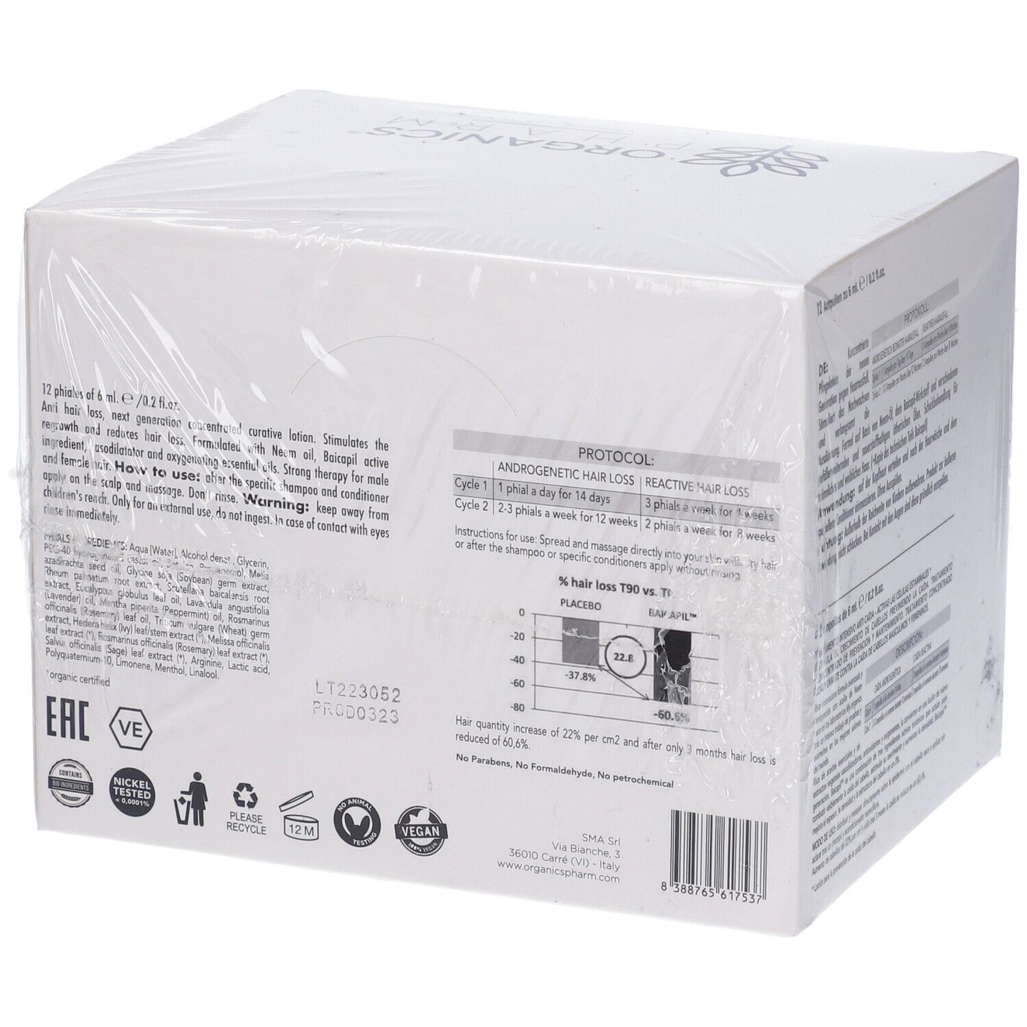 Scatola bianca, logo Organics Pharm. Testo: Hair Loss Lotion, Neem, Menta, Baicapil. 12 fiale.