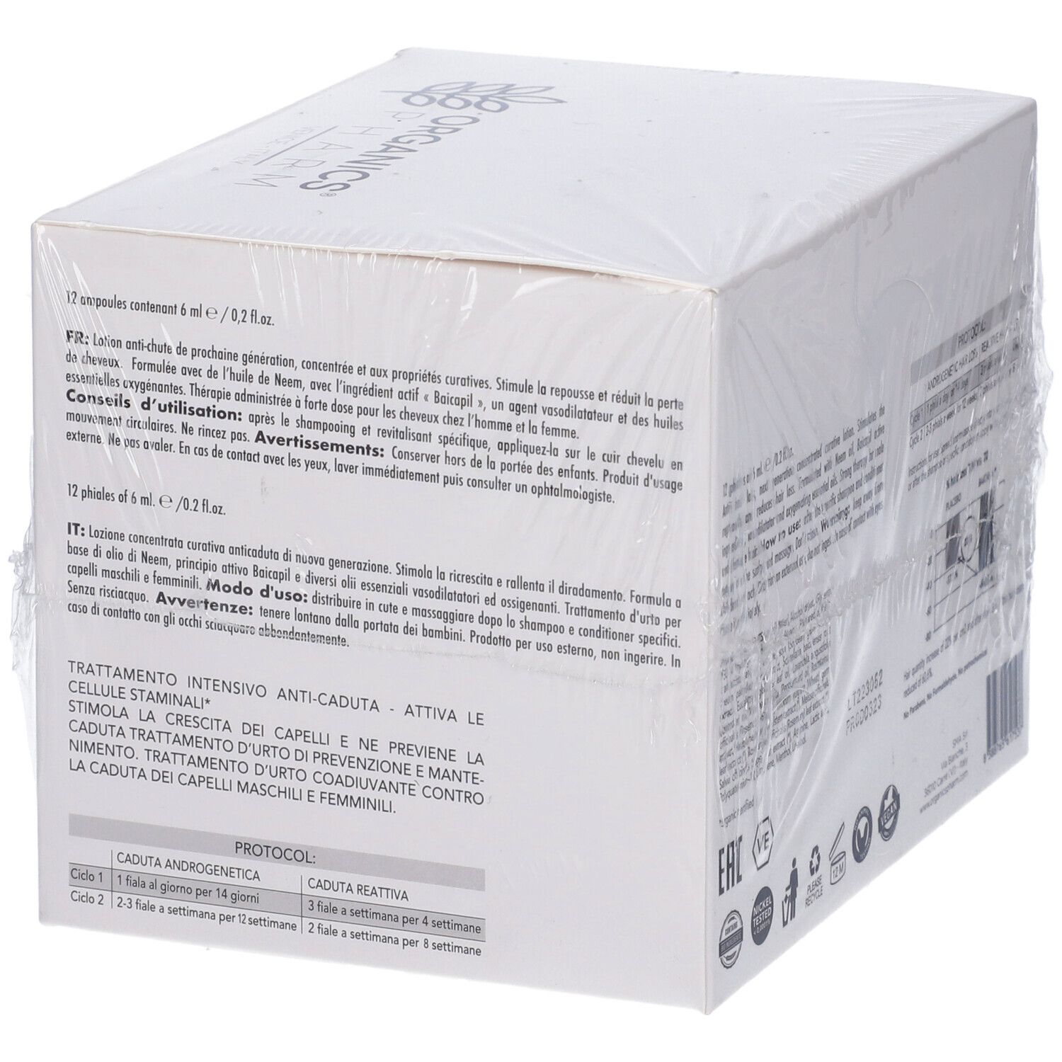 Scatola bianca, logo Organics Pharm. Testo: Hair Loss Lotion, Neem, Menta, Baicapil. 12 fiale.