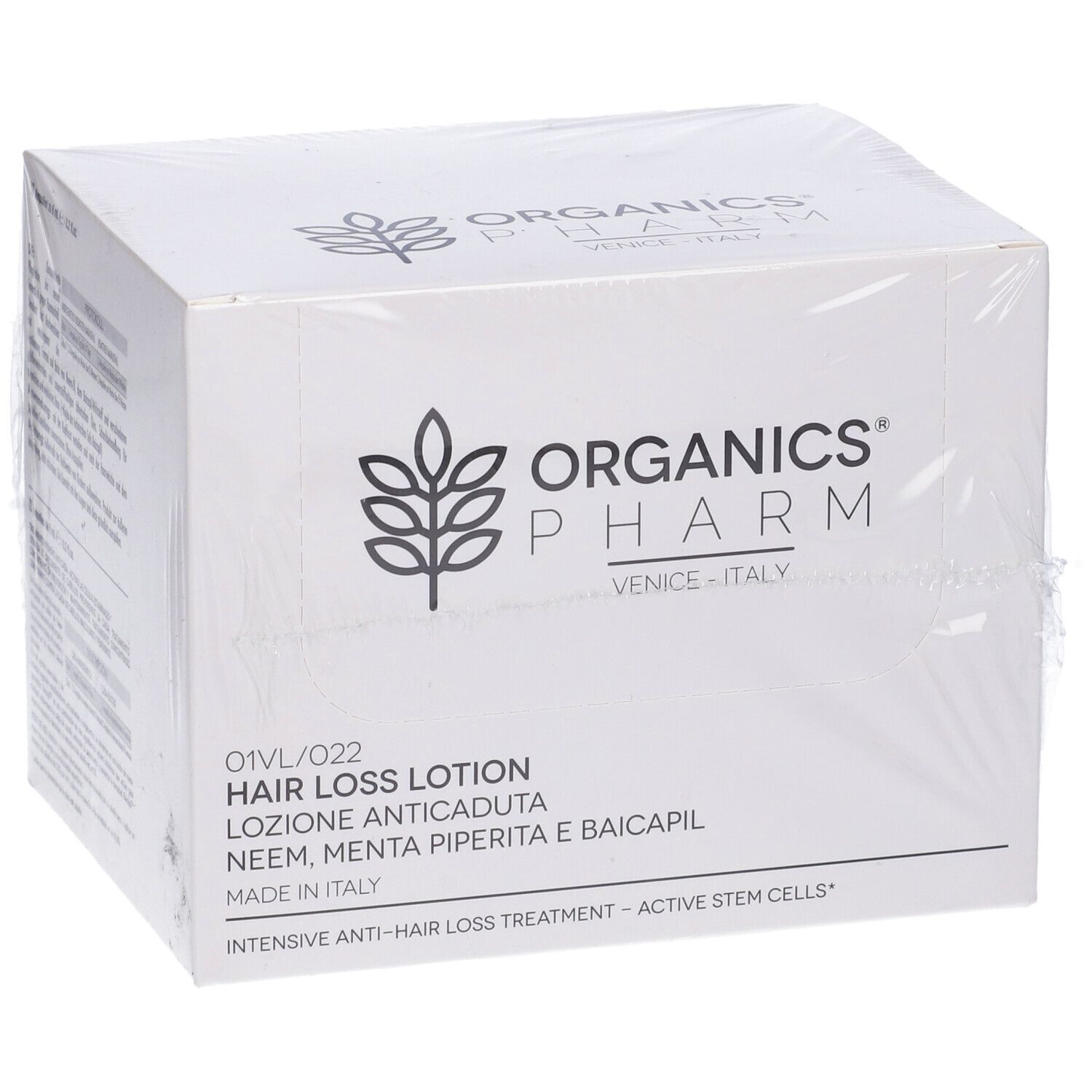 Scatola bianca, logo Organics Pharm. Testo: Hair Loss Lotion, Neem, Menta, Baicapil. Made in Italy.