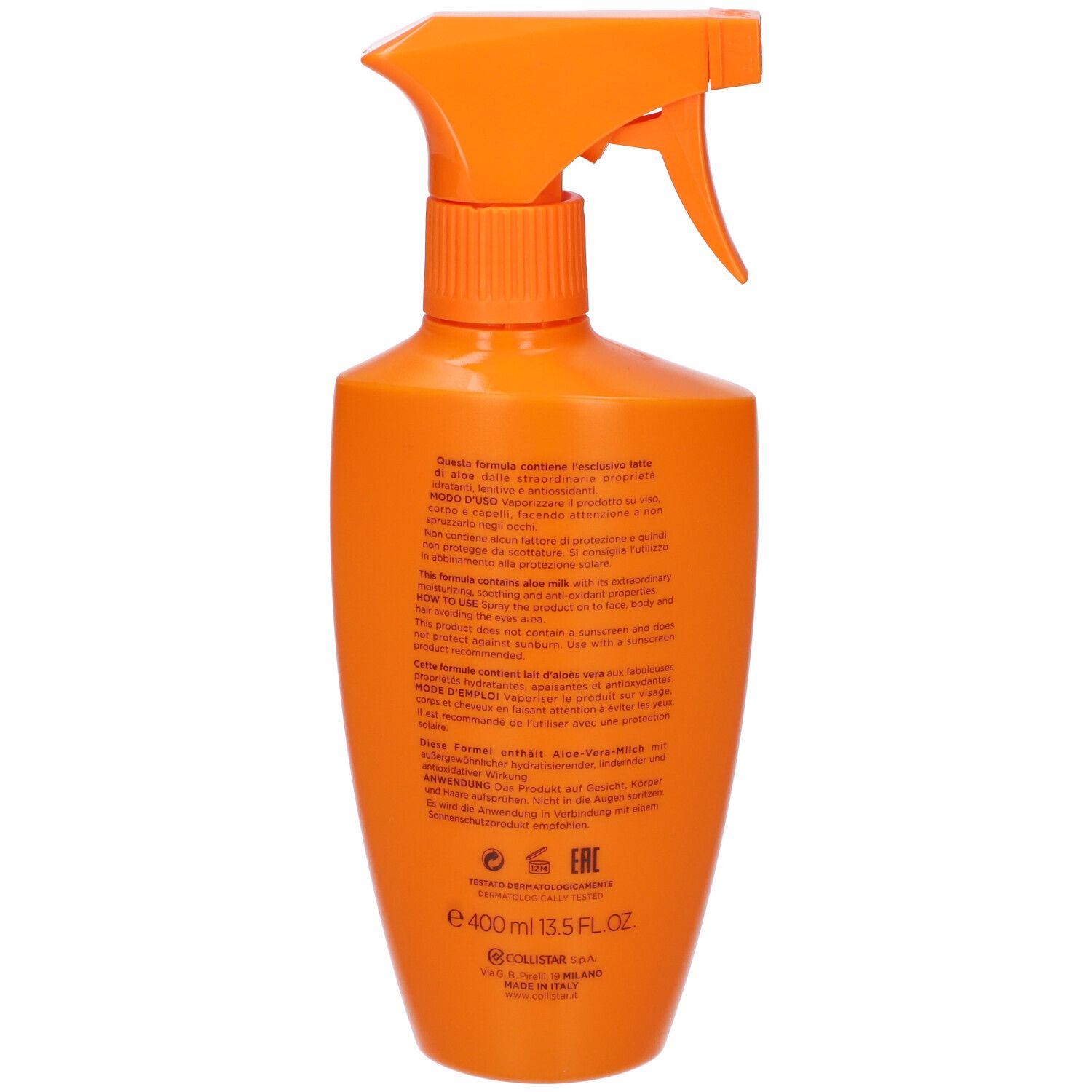 Retro di un flacone spray arancione. Testo: informazioni sul prodotto, ingredienti e produttore.