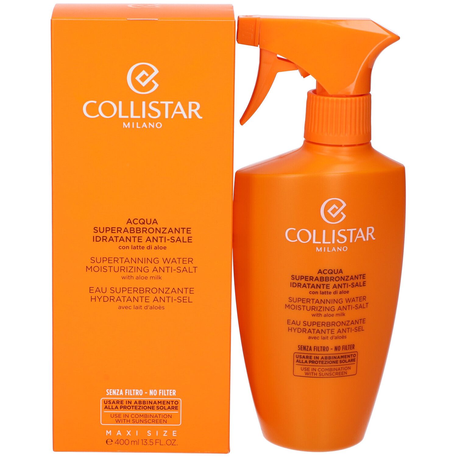 Scatola e flacone spray arancioni. Scritta: Collistar Milano, Acqua Superabbronzante Idratante Anti-Sale.