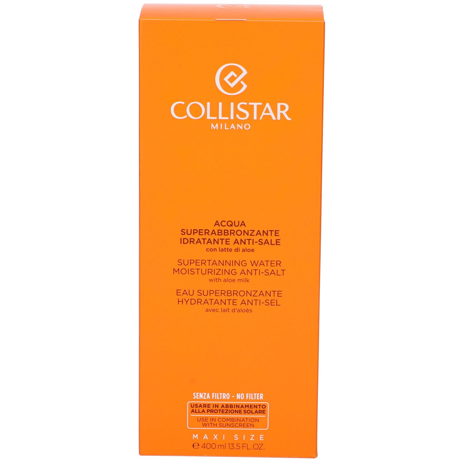 Scatola arancione. Scritta: Collistar Milano, Acqua Superabbronzante Idratante Anti-Sale. Informazioni prodotto.