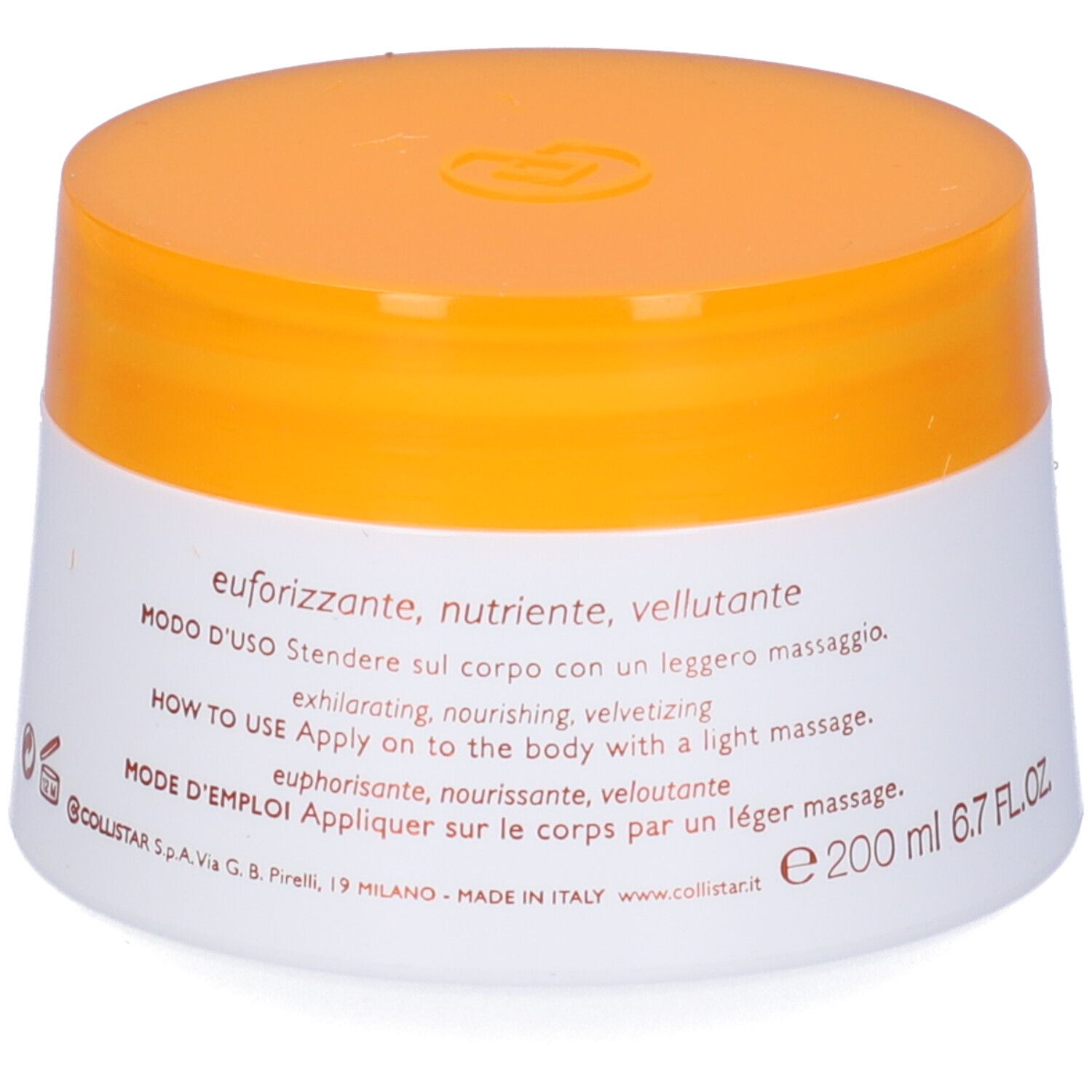 Vaso bianco con coperchio arancione. Scritta: Crema Soffice della Felicità. Retro con testo, istruzioni e volume: 200 ml.
