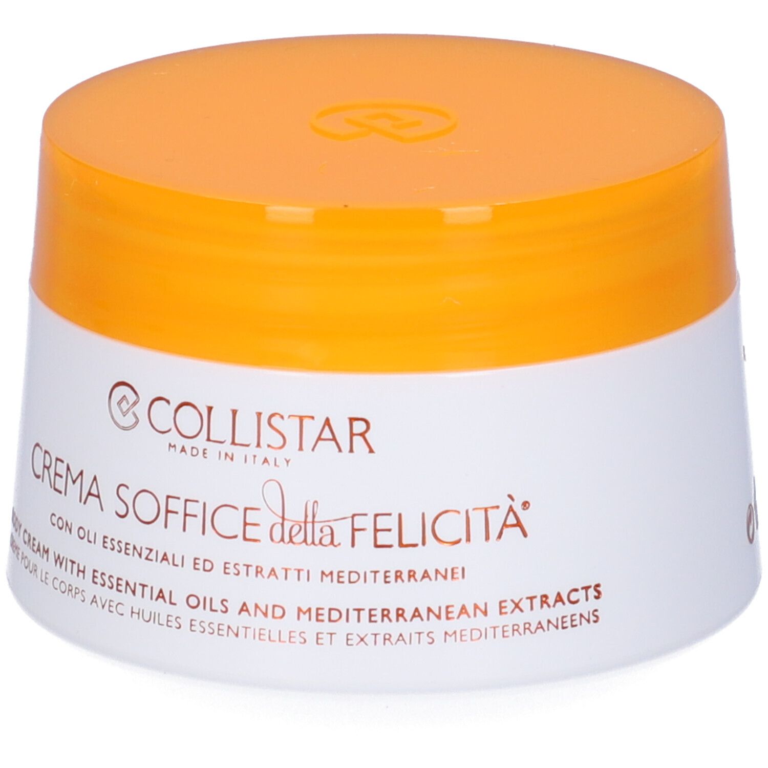 Vaso bianco con coperchio arancione. Scritta: COLLISTAR, Crema Soffice della Felicità. Crema corpo con oli essenziali.