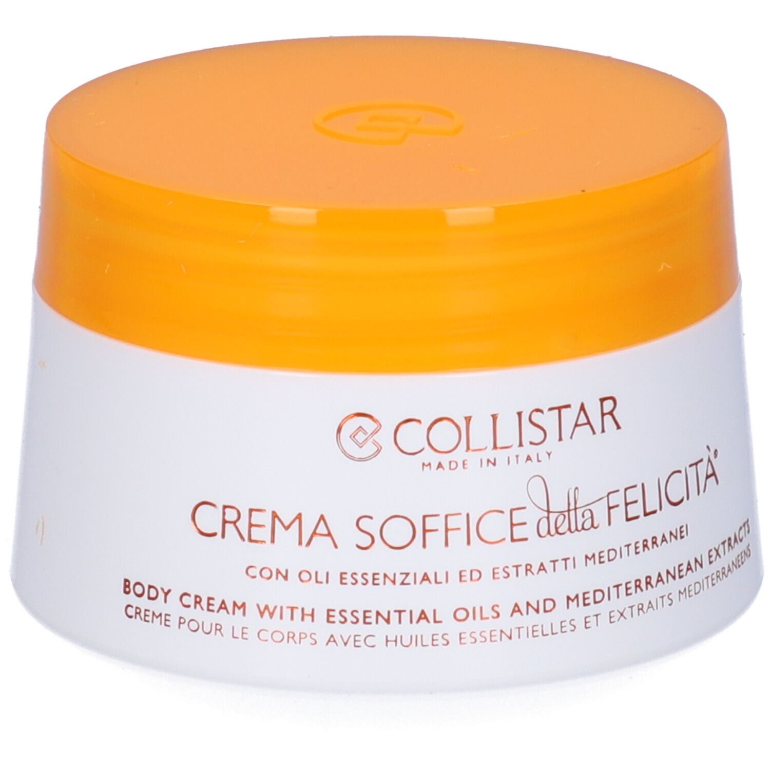 Vaso bianco con coperchio arancione. Scritta: COLLISTAR, Crema Soffice della Felicità. Crema corpo con oli essenziali.