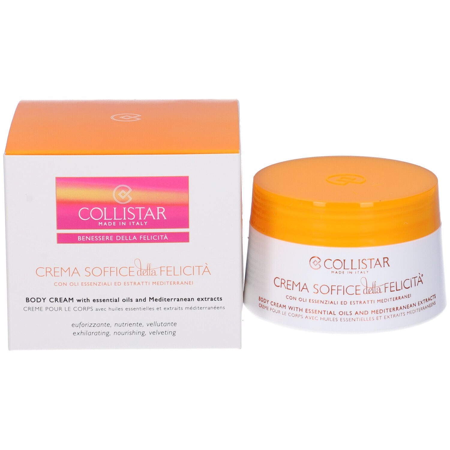 Vaso bianco con coperchio arancione e scatola. Scritta: COLLISTAR, Crema Soffice della Felicità. Crema corpo con oli essenziali.