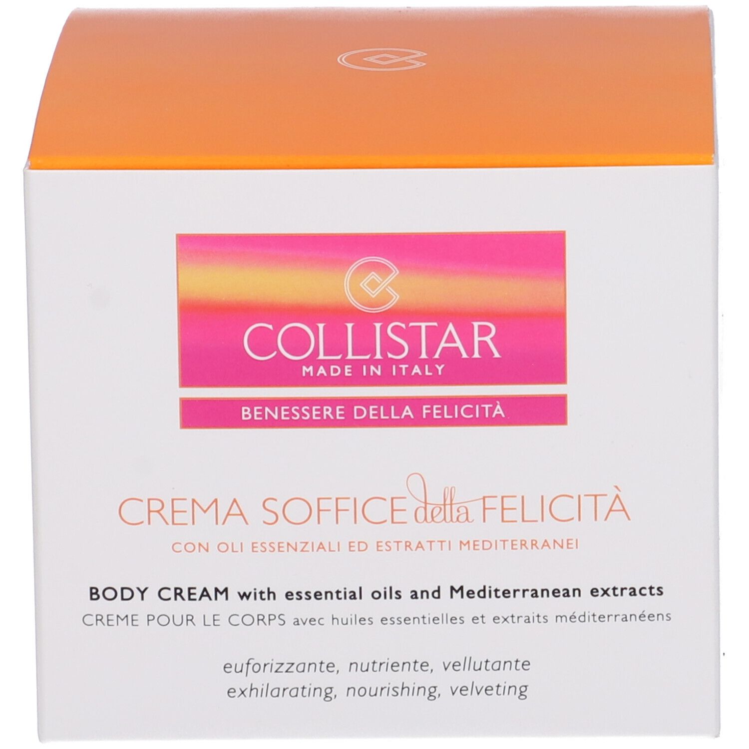 Scatola con coperchio arancione. Scritta: COLLISTAR, Crema Soffice della Felicità. Crema corpo con oli essenziali.