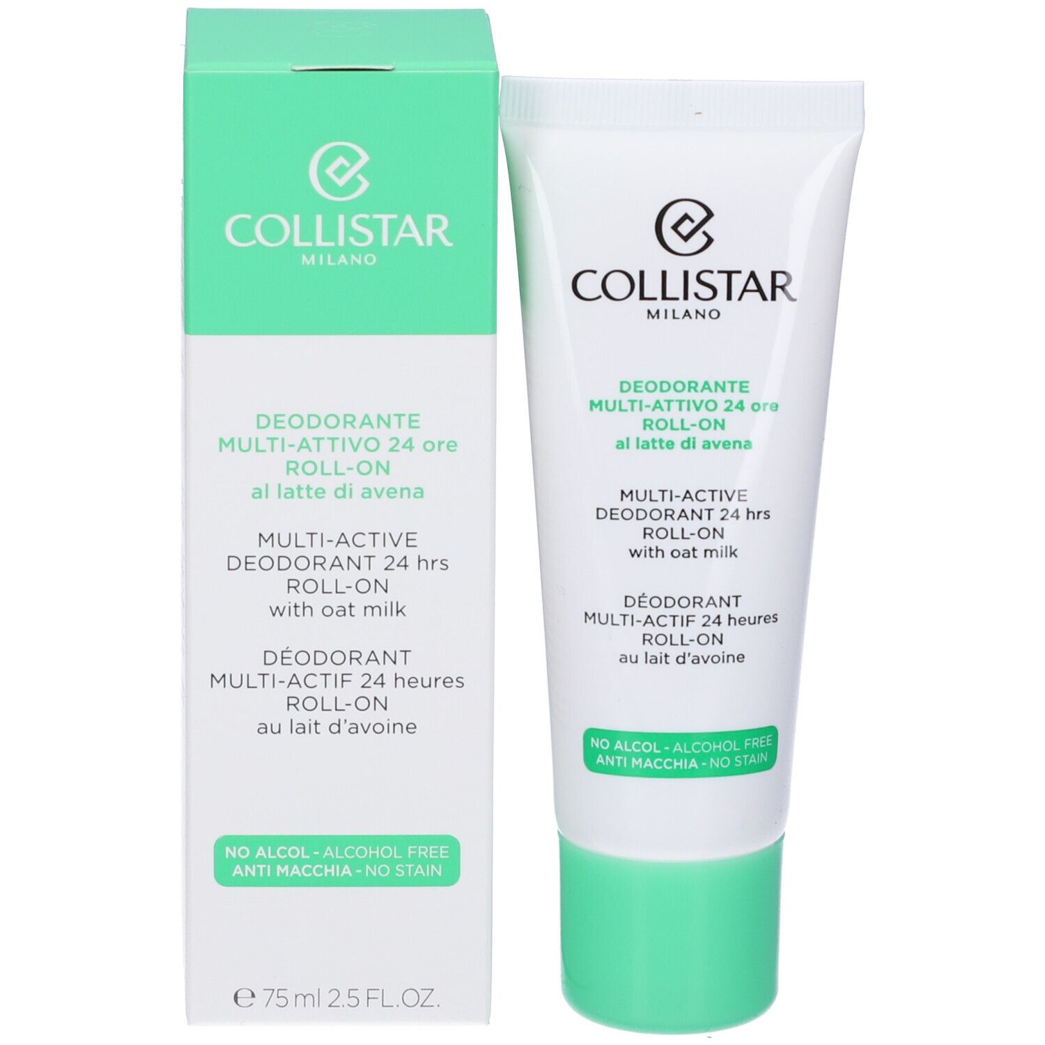Confezione del prodotto con tubo e scatola. Tubo: bianco-verde, deodorante roll-on. Scatola: verde-bianco, testo: COLLISTAR, Deodorante Multi-attivo.