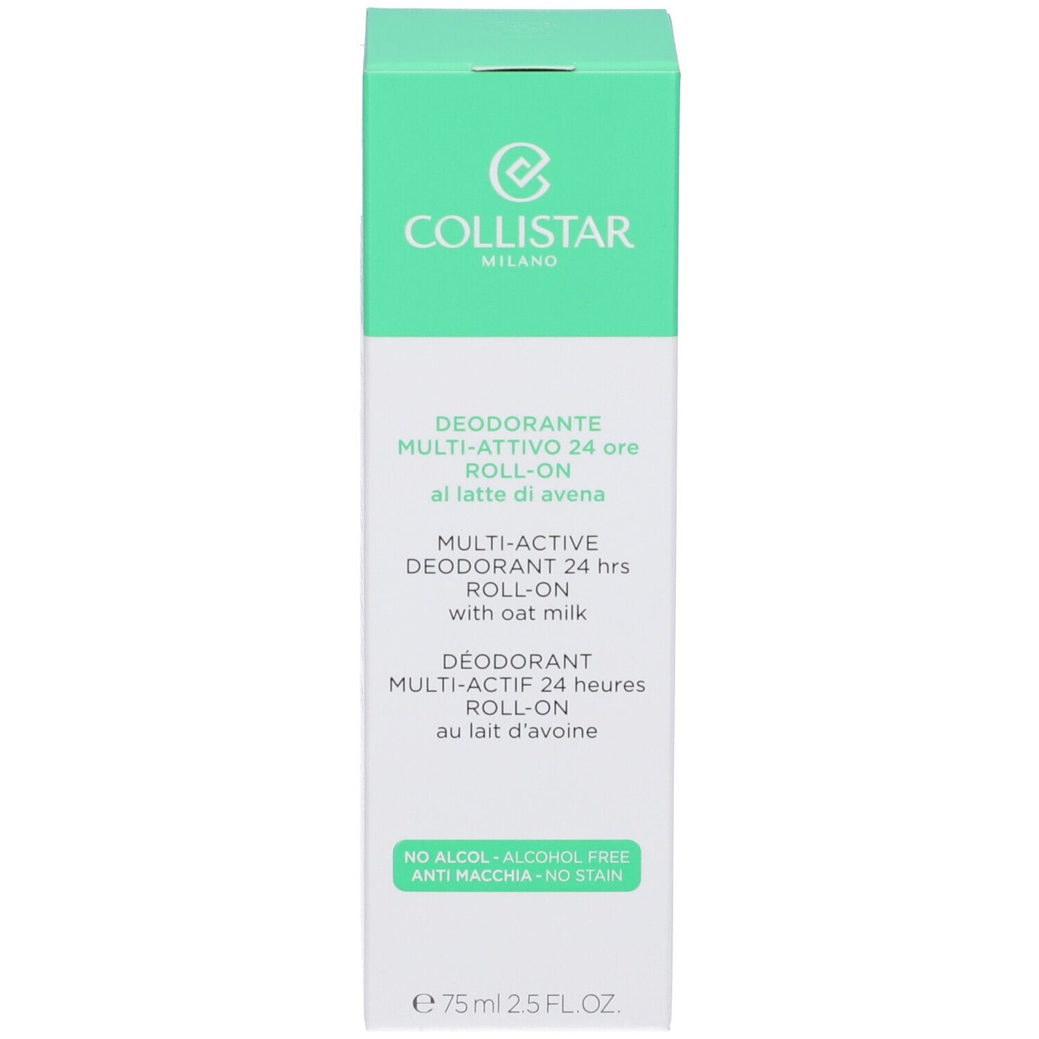 Scatola verde con testo. Testo: COLLISTAR, Deodorante Multi-attivo 24 Ore Roll-On al latte di avena. Multi-Active Deodorant.