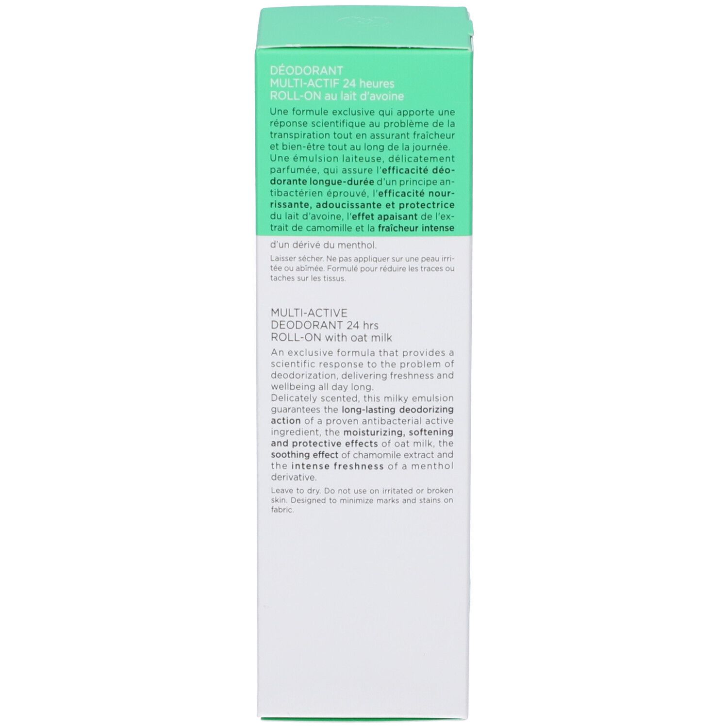 Scatola verde, testo in inglese e francese. Descrive il prodotto, ingredienti e benefici. Marchio COLLISTAR.