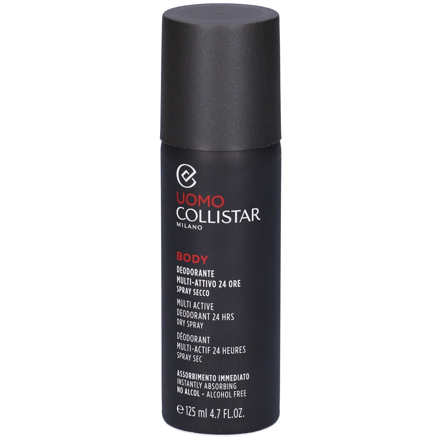 Flacone spray deodorante nero con scritte rosse e bianche. Nome prodotto e marchio visibili.