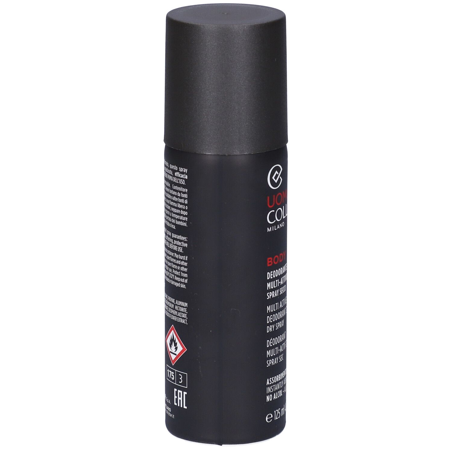 Flacone spray deodorante nero. Vista laterale con testo e simboli di avvertimento.