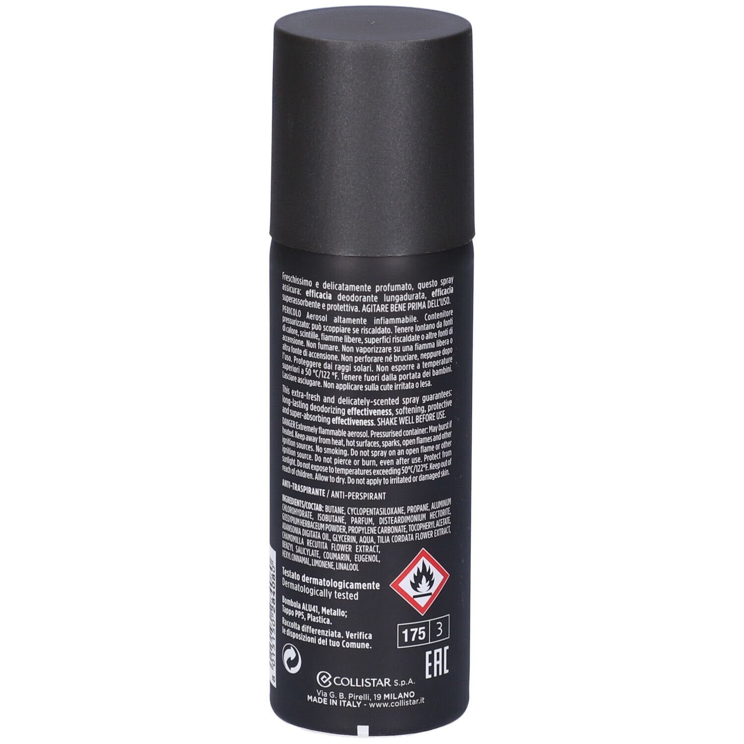 Flacone spray deodorante nero. Retro con testo, simboli di avvertimento e certificazioni.