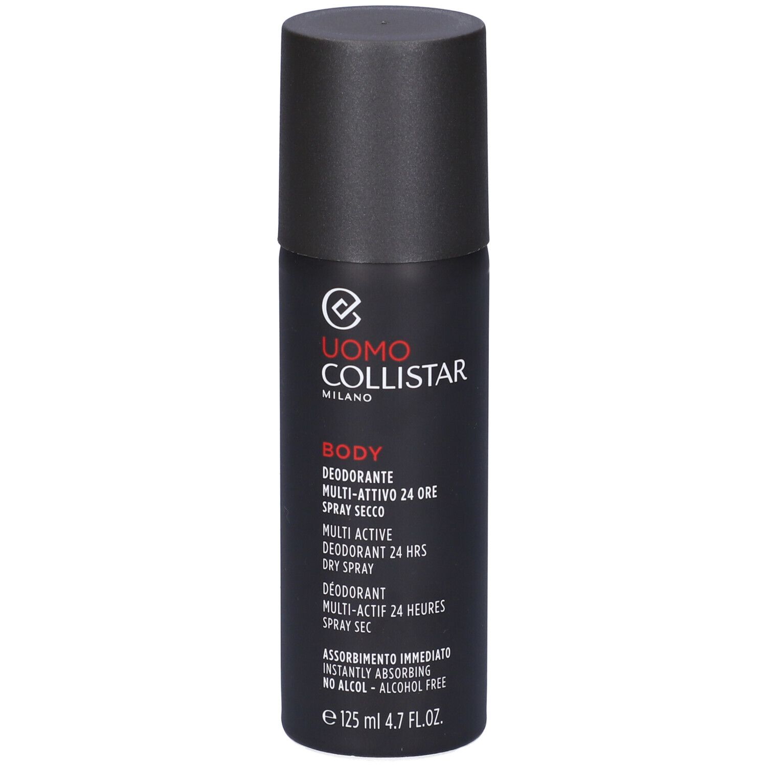 Flacone spray deodorante nero con scritte rosse e bianche. Nome prodotto e marchio visibili.