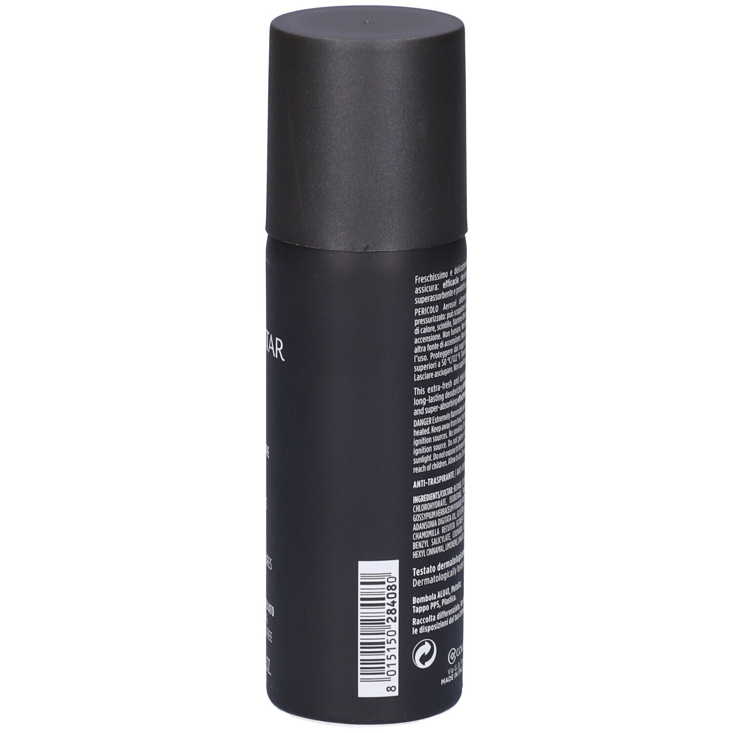 Flacone spray deodorante nero. Retro con testo e codice a barre.