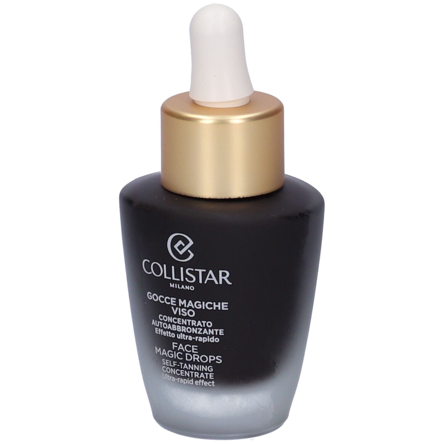 Flacone scuro con tappo dorato e pipetta. Scritta: Collistar, Gocce Magiche Viso, Face Magic Drops.