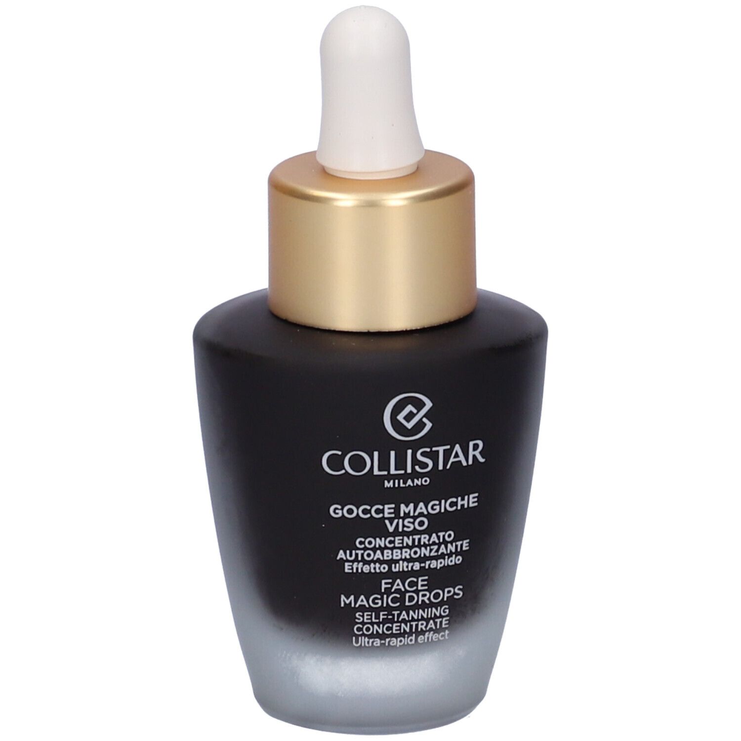Flacone scuro con tappo dorato e pipetta. Scritta: Collistar, Gocce Magiche Viso, Face Magic Drops.