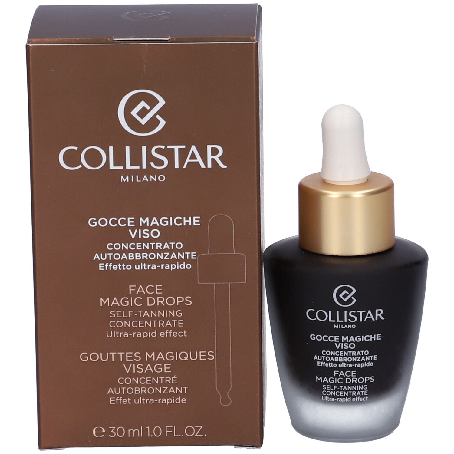 Confezione e flacone del prodotto. Scritta: Collistar, Gocce Magiche Viso, Face Magic Drops. Con pipetta.