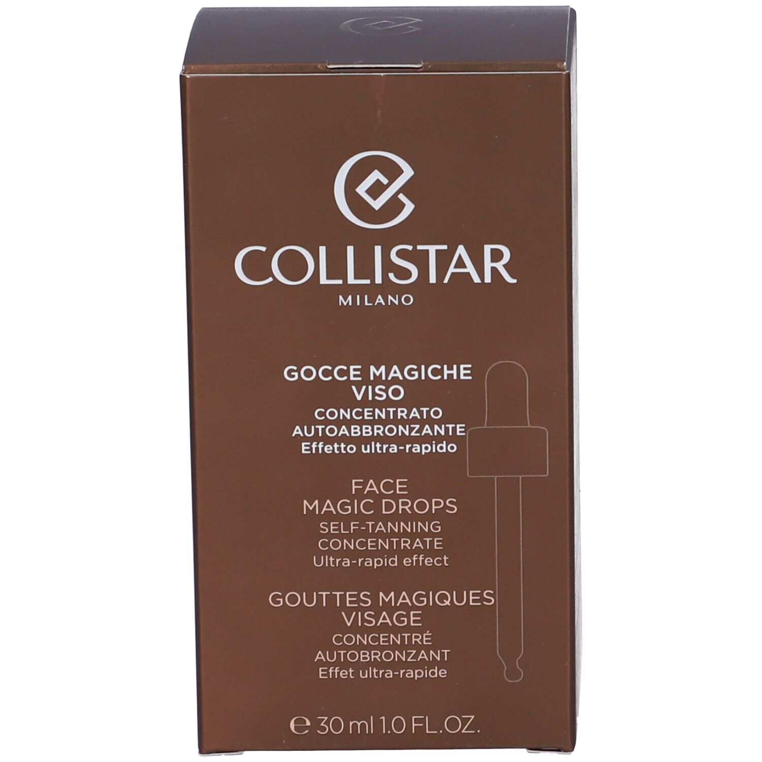 Confezione marrone del prodotto. Scritta: Collistar, Gocce Magiche Viso, Face Magic Drops. Con pipetta.