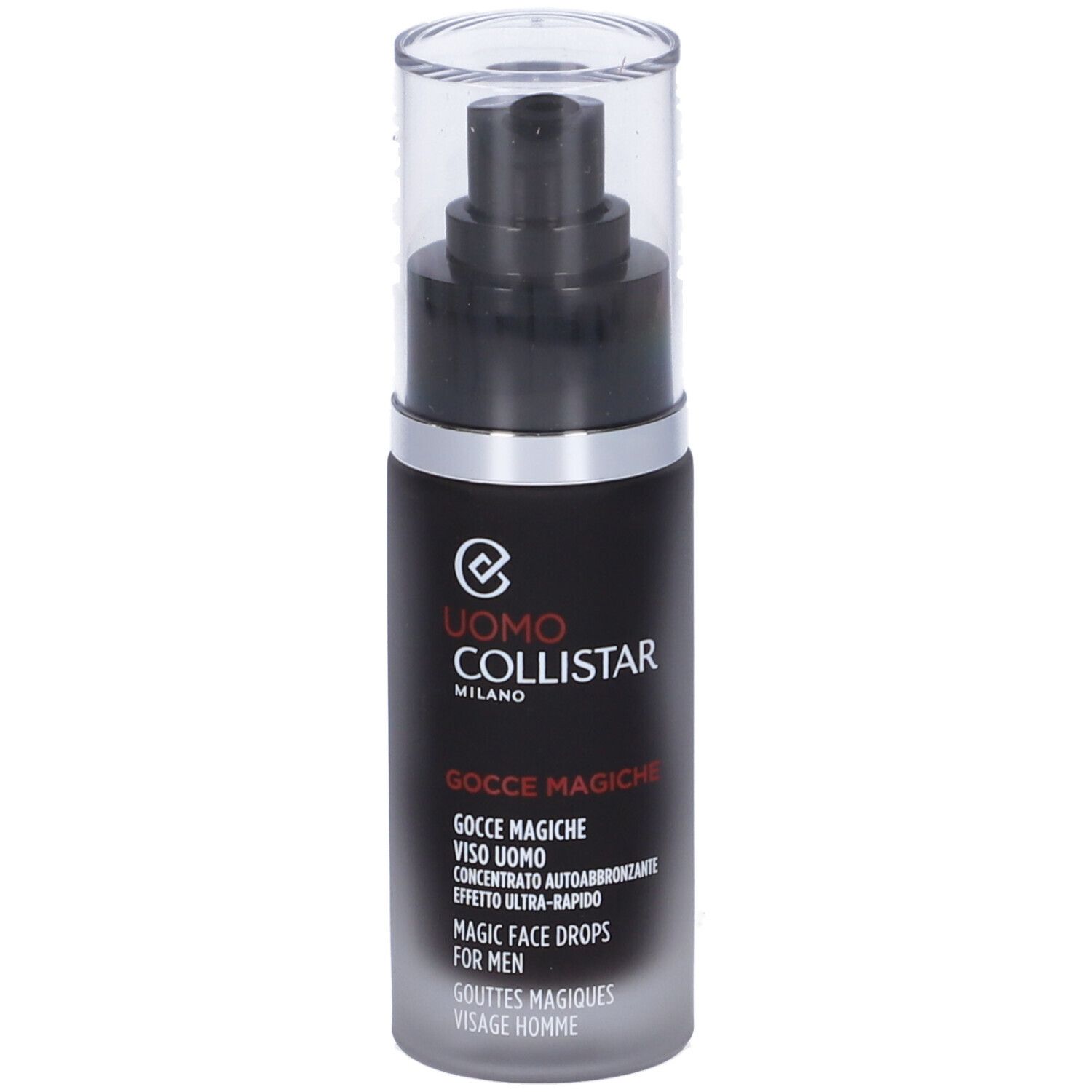 Flacone nero con vaporizzatore. Scritte: Uomo Collistar Milano, Gocce Magiche Viso Uomo, Magic Face Drops for Men.
