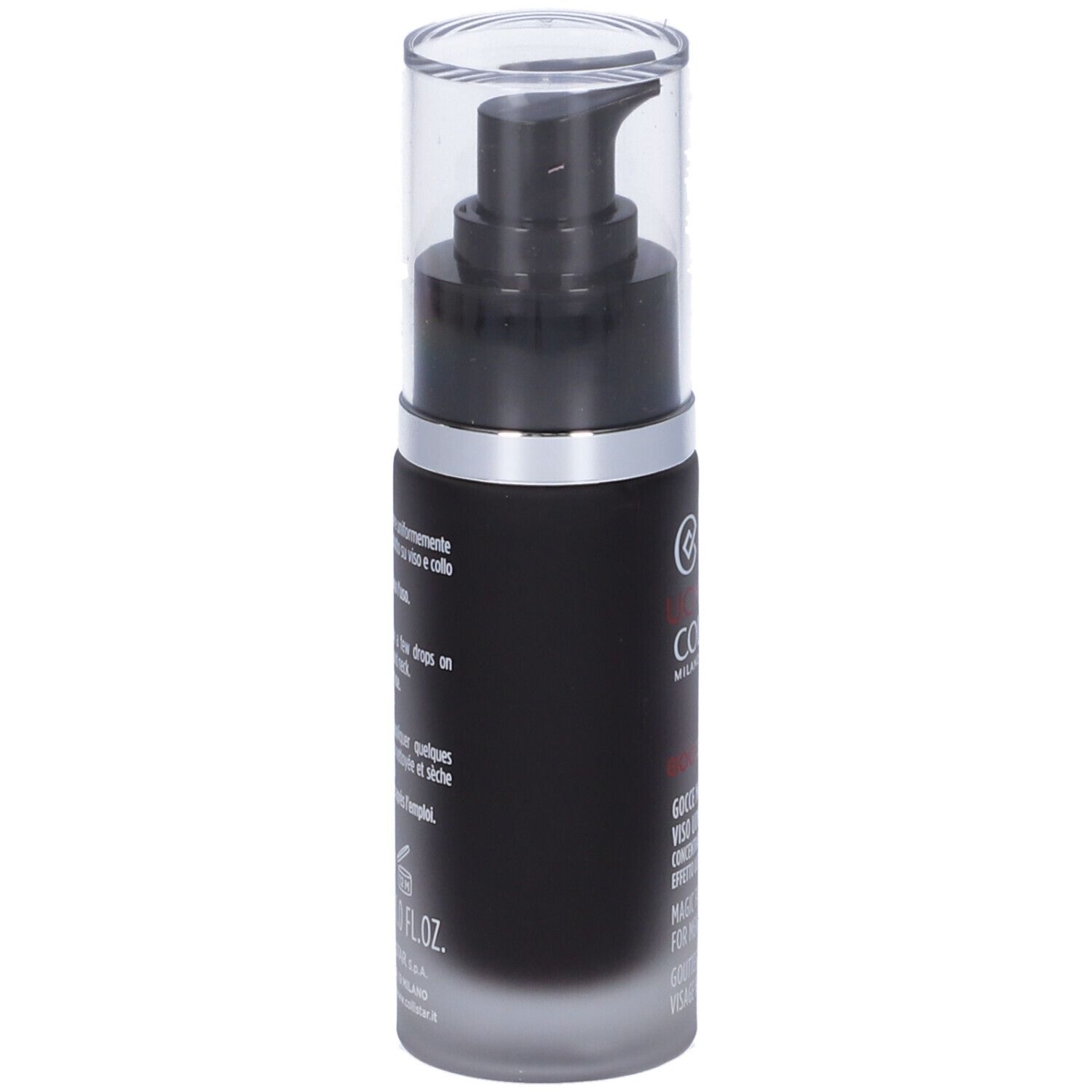 Flacone nero con vaporizzatore. Scritte: Uomo Collistar Milano, Gocce Magiche Viso Uomo. Testo sul retro.