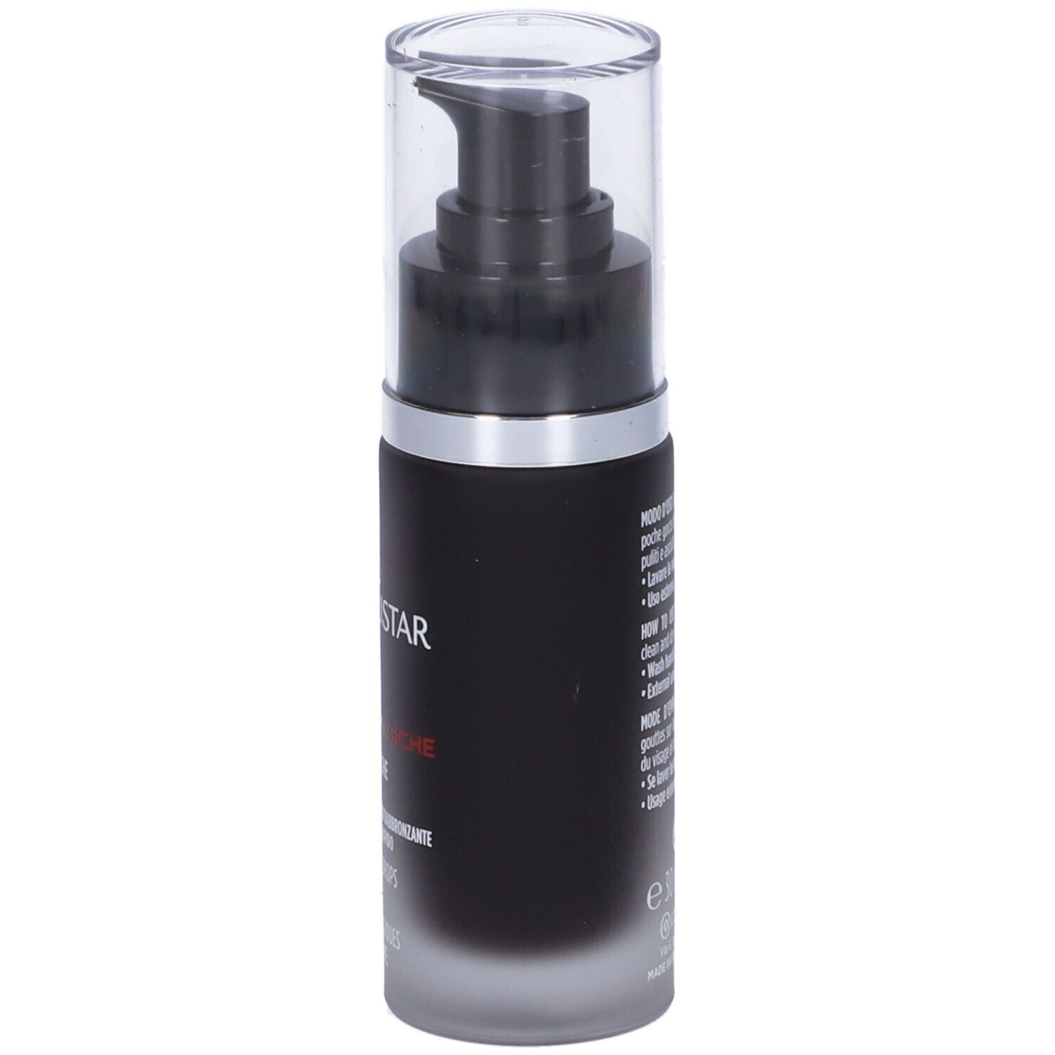 Flacone nero con vaporizzatore. Scritte: Uomo Collistar Milano, Gocce Magiche Viso Uomo. Testo sul lato.