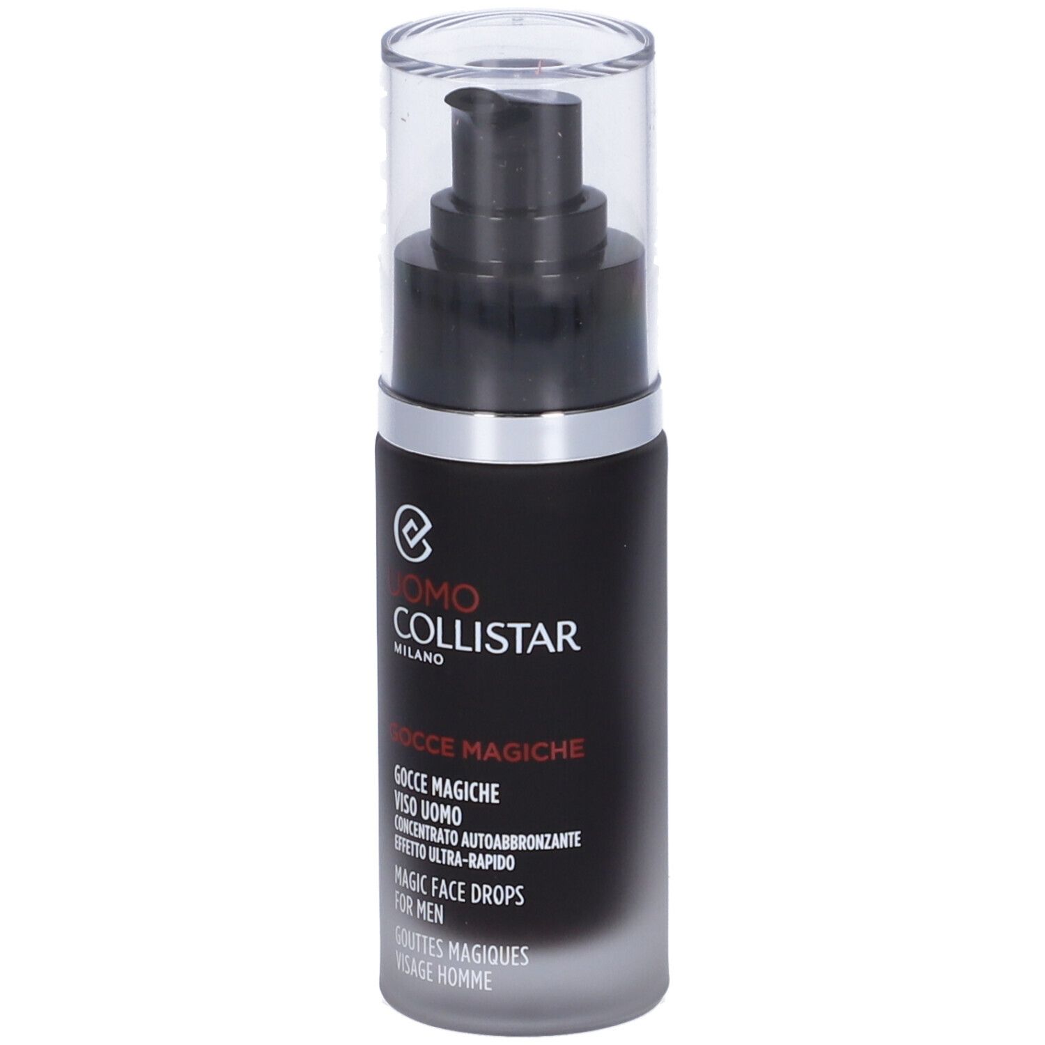 Flacone nero con vaporizzatore. Scritte: Uomo Collistar Milano, Gocce Magiche Viso Uomo, Magic Face Drops for Men.