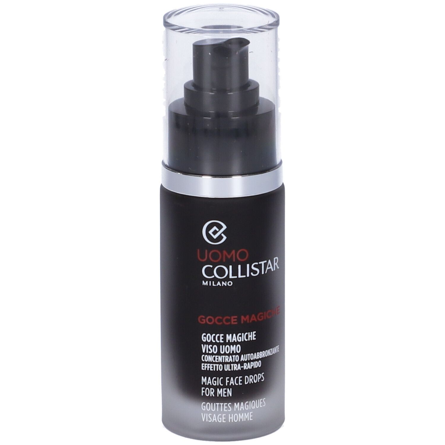 Flacone nero con vaporizzatore. Scritte: Uomo Collistar Milano, Gocce Magiche Viso Uomo, Magic Face Drops for Men.